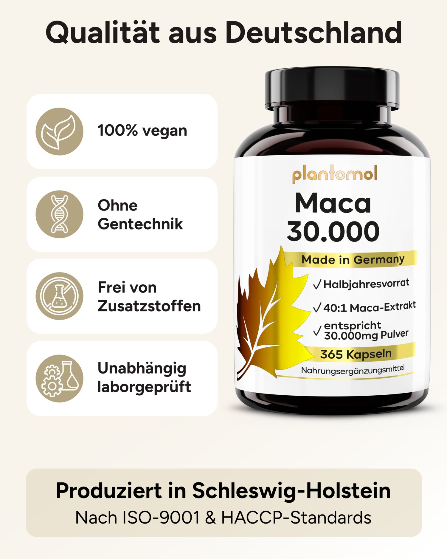 Braune Flasche mit schwarzen Deckel. Aufschrift: plantomol Maca 30.000. Vegan, ohne Gentechnik, hergestellt in Deutschland.