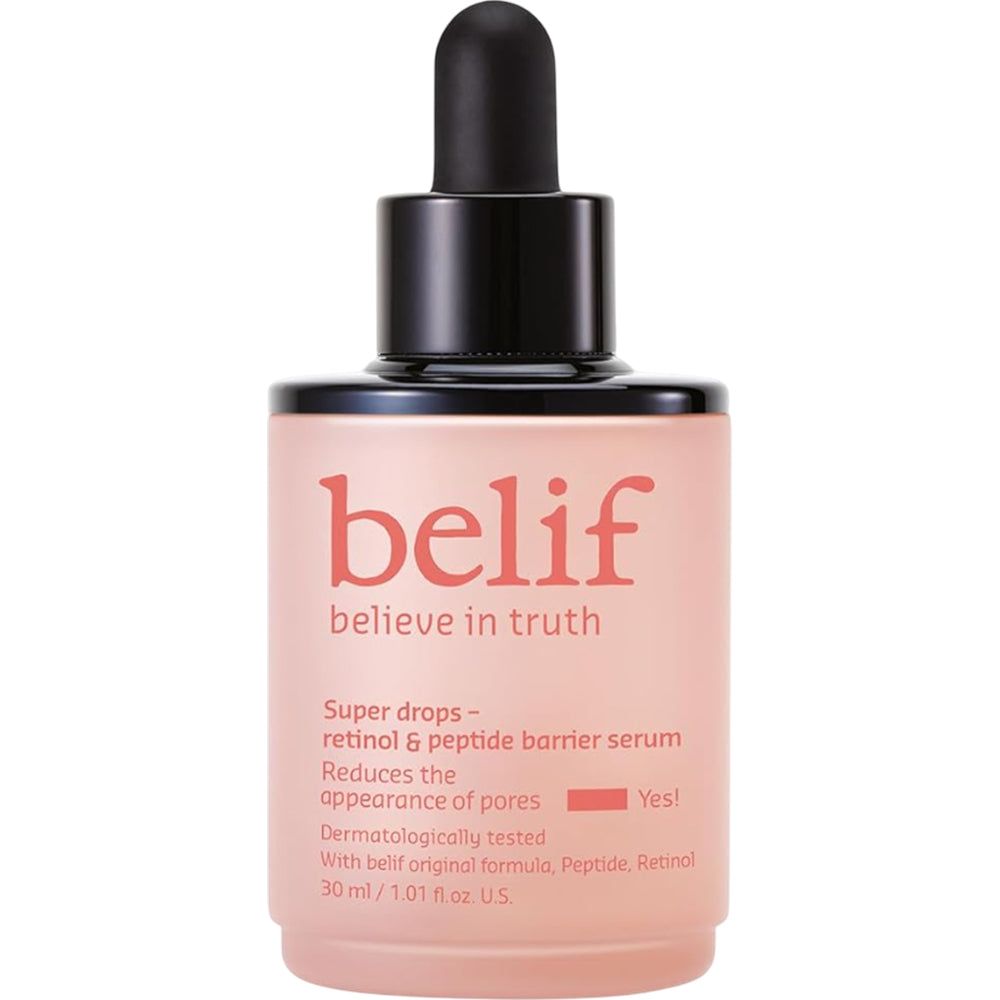 Belif Super Drops Serum Flasche mit Pipette. Rosafarbenes Glas, schwarzer Verschluss.
