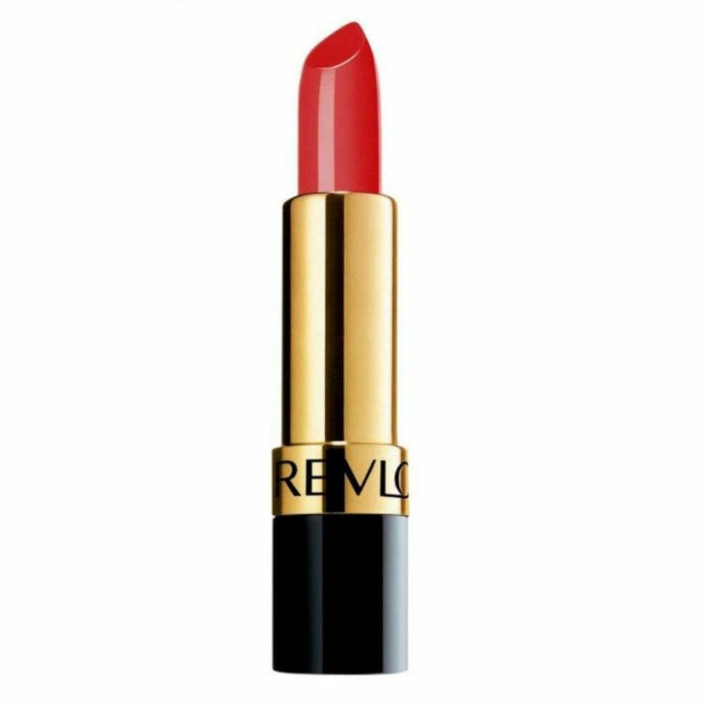 Roter Lippenstift, goldene Hülse mit schwarzem Boden. Marke REVLON sichtbar.