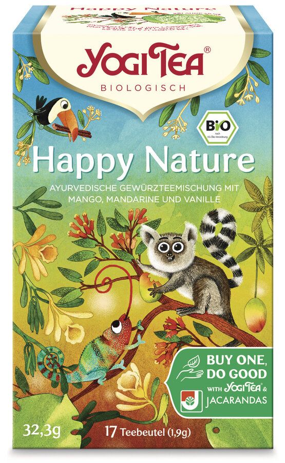 Verpackung von Happy Nature Tee. Enthält 17 Teebeutel. Mit Logo, Illustrationen von Tieren und Pflanzen, sowie Bio-Siegel.