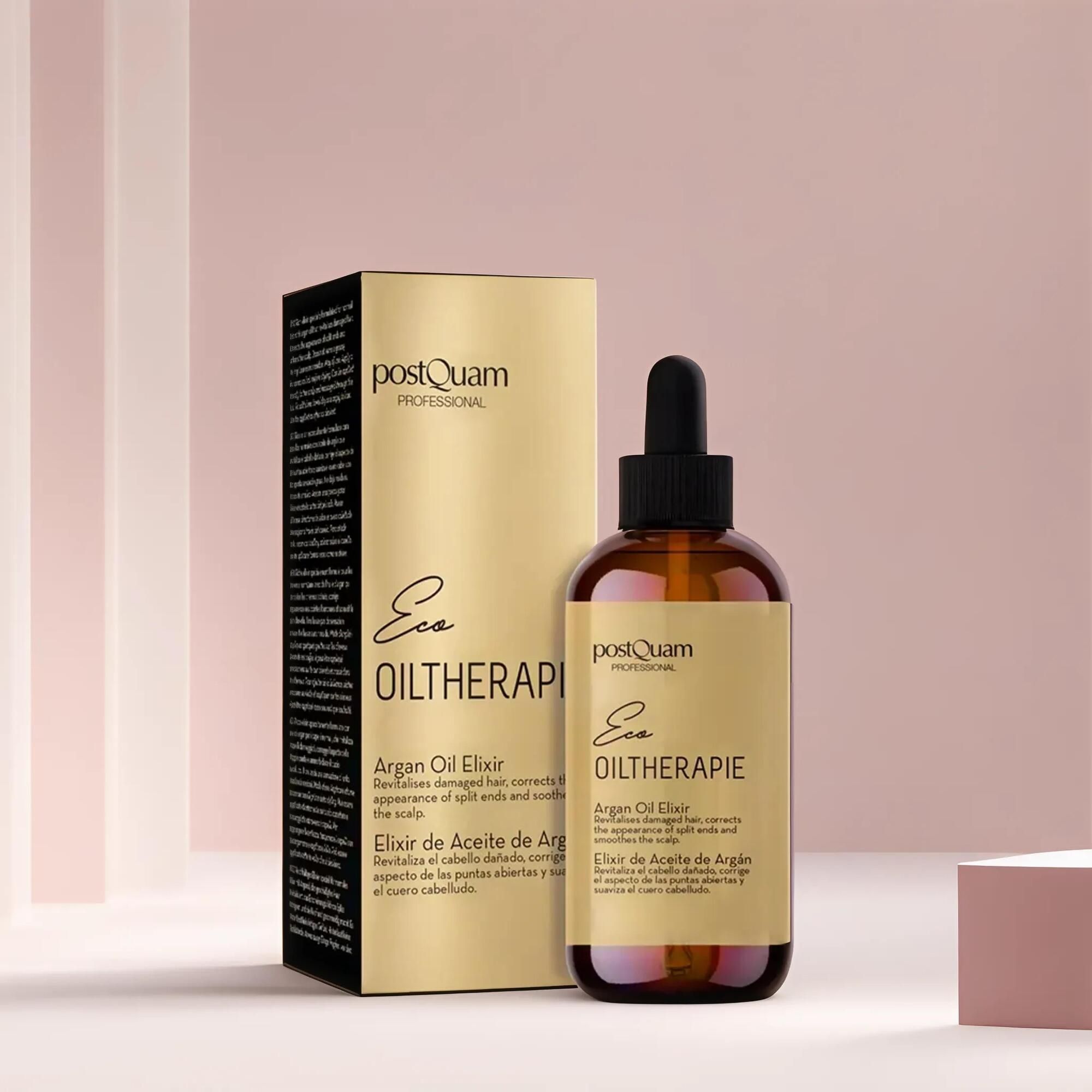 Braune Glasflasche mit schwarzem Tropfer und goldfarbenem Etikett. Daneben eine goldfarbene Schachtel mit Text. Produktname: Eco Öltherapie.