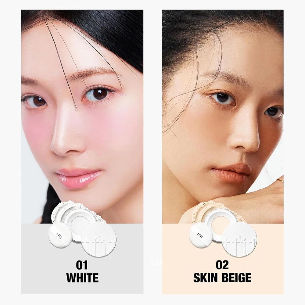 Zwei Gesichter mit Puder. 01 Weiß und 02 Skin Beige. Puder, Schwamm und Deckel. Helle und dunkle Haut.