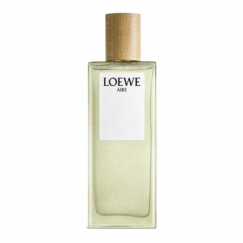 Loewe Aire Eau de Toilette Flakon. Rechteckiger Flakon mit Holzverschluss. Weißes Etikett mit Logo.
