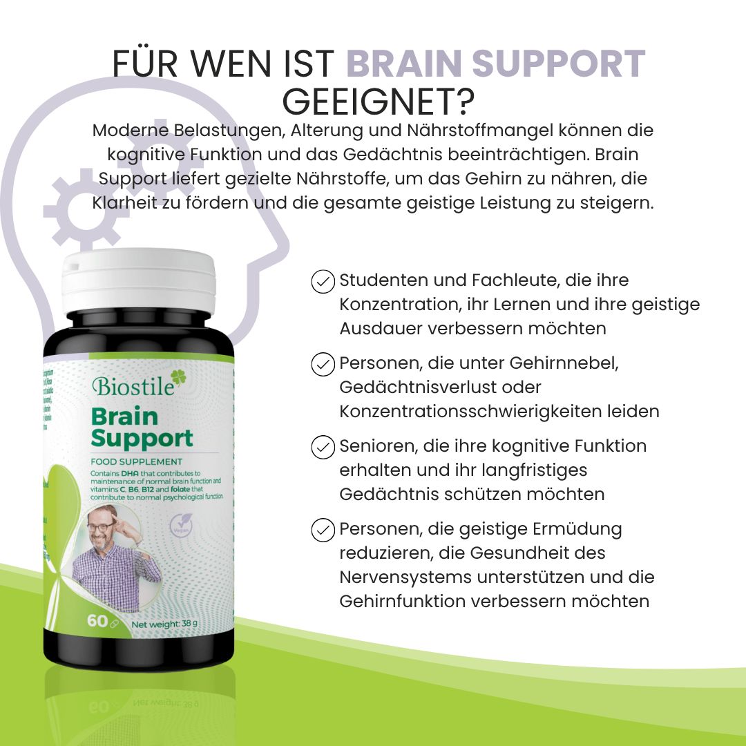 Biostile Brain Support Dose. Text auf Deutsch über Zielgruppe und Vorteile.