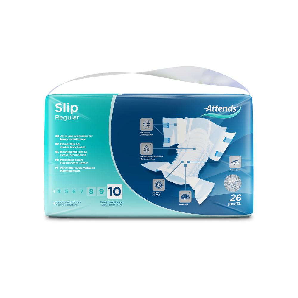 Verpackung mit Inkontinenzprodukten. Marke: Attends. Aufdruck: Slip Regular 10, 26 Stück. Piktogramme.
