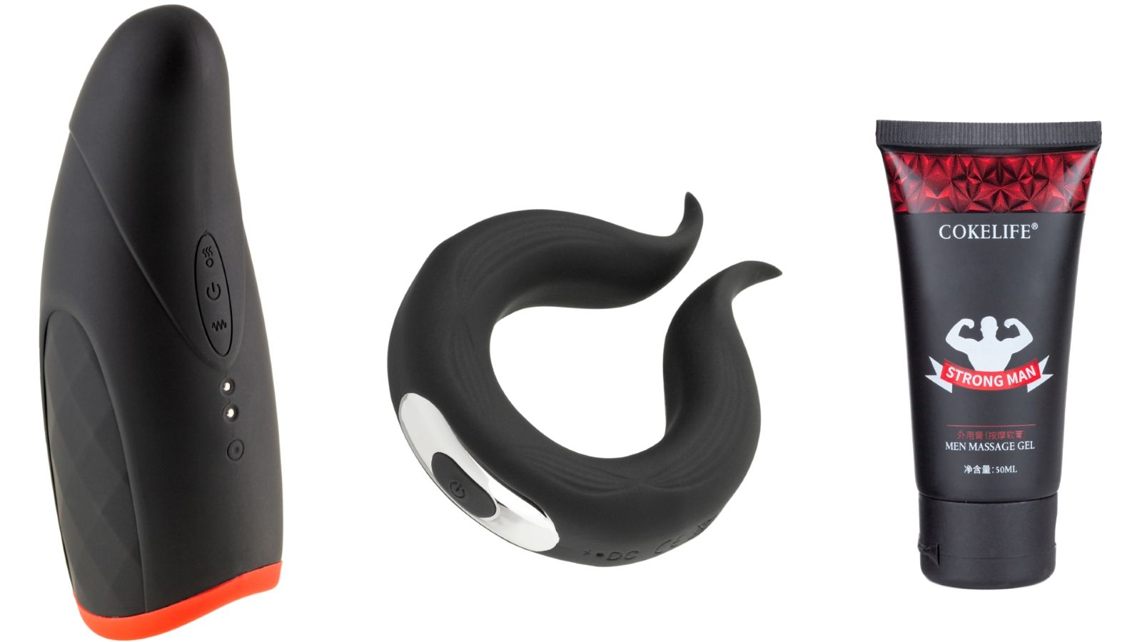 Drei Sexspielzeuge: ein schwarzes mit rotem Akzent, ein ringförmiges und eine Tube mit Aufdruck.