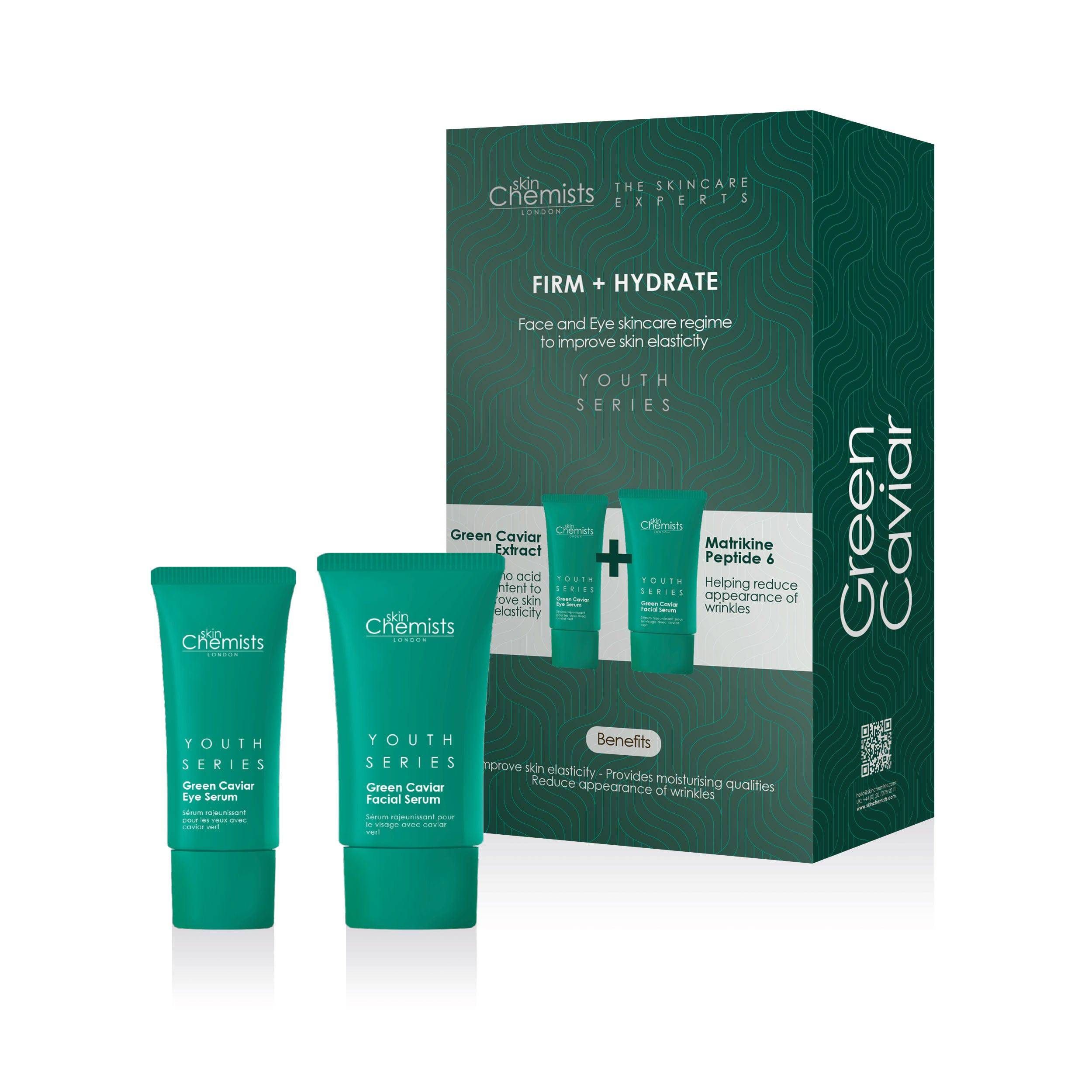 Grünes Kaviar Augen- und Gesichtsserum. Zwei Tuben und eine Verpackung. Grün und weiß. Text: Skin Chemists, Youth Series, Green Caviar.