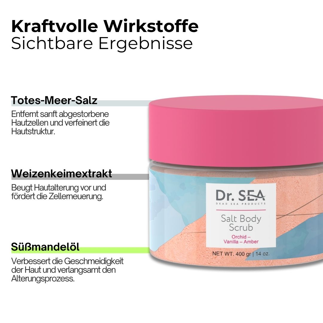Produkt: Dr. SEA Salt Body Scrub. Text: Kraftvolle Wirkstoffe, sichtbare Ergebnisse. Inhaltsstoffe: Totes-Meer-Salz, Weizenkeimextrakt, Süßmandelöl.