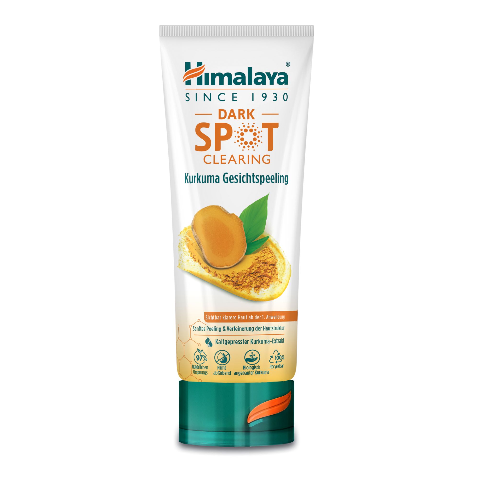 Vorderseite einer Tube Himalaya Dark Spot Clearing Curcuma Gesichtspeeling mit Kurkuma-Abbildung.