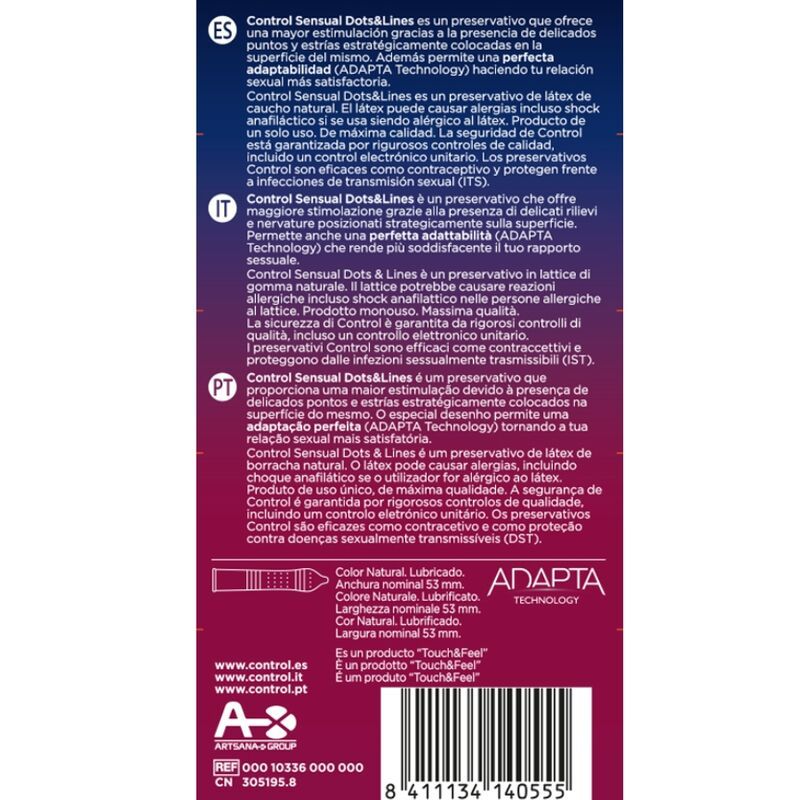 Rückseite der Verpackung von Control SENSUAL Dots & Lines. Text in mehreren Sprachen. Enthält Informationen zum Produkt.