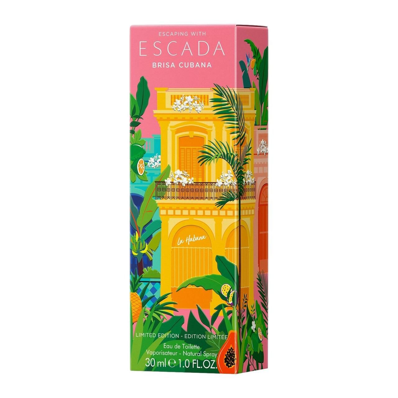 Escada Brisa Cubana E.d.T. Nat. Spray. Verpackung mit Illustrationen von Gebäuden und Pflanzen, rosa Hintergrund.