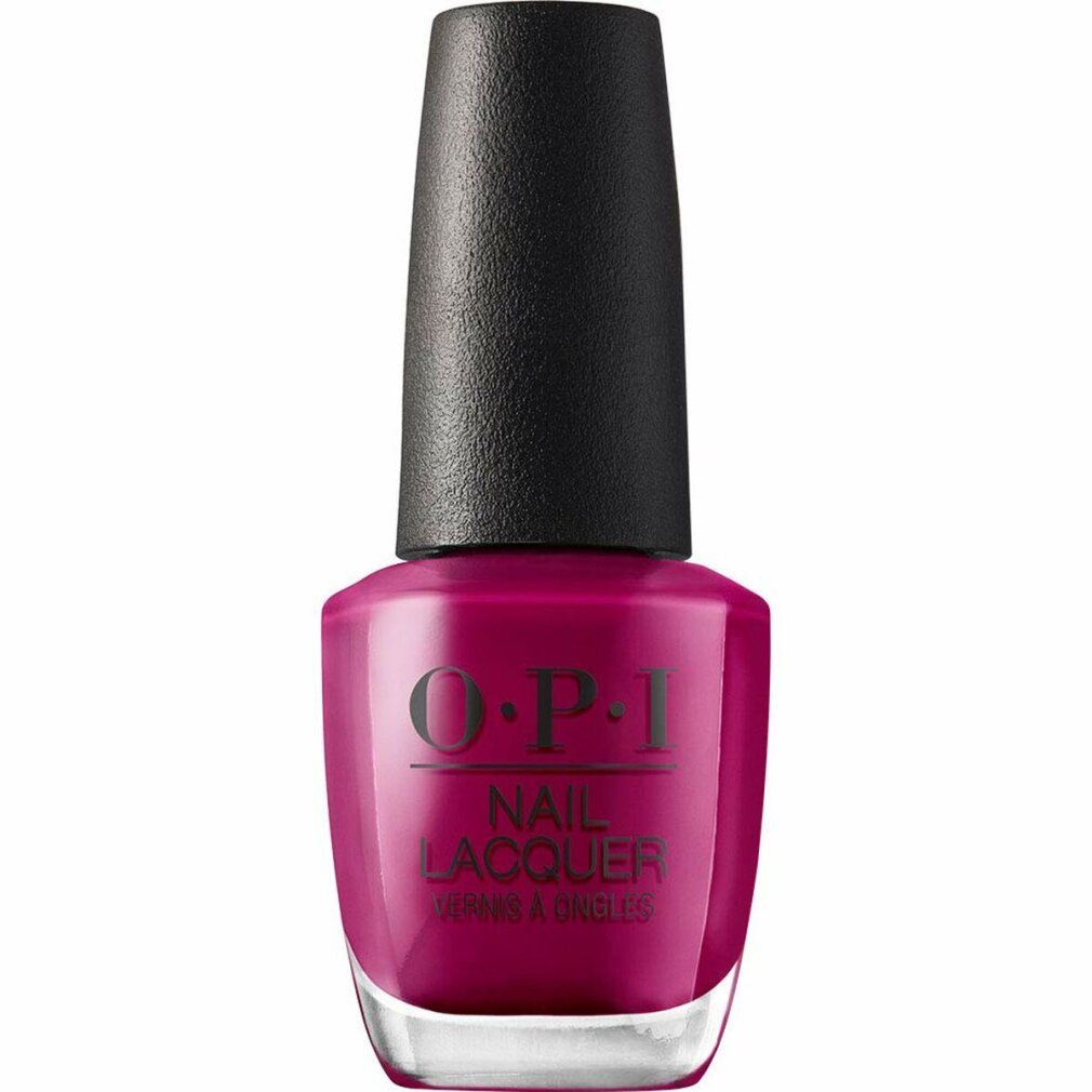 Nagellackflasche in dunkler Pink-Farbe mit schwarzem Deckel. OPI-Logo und Schriftzug "NAIL LACQUER" und "VERNIS À ONGLES" sind sichtbar.