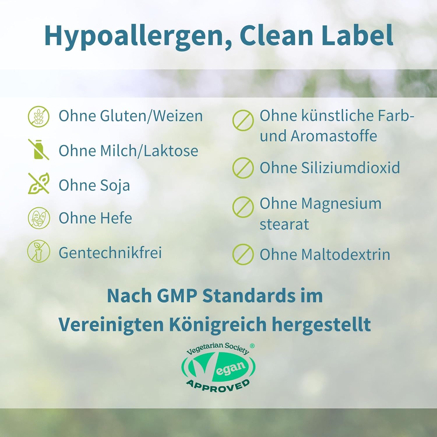 Liste mit Inhaltsstoff-Informationen. Text: Ohne Gluten/Weizen, Milch/Laktose, Soja, Hefe, Gentechnik. Vegan-Siegel.