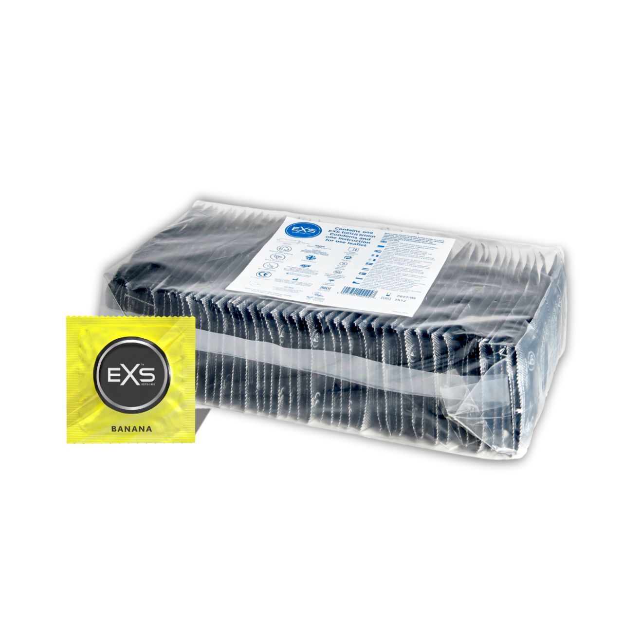 Großpackung mit vielen EXS Banana Kondomen in schwarzer Folie, ein gelbes Kondom vorne.