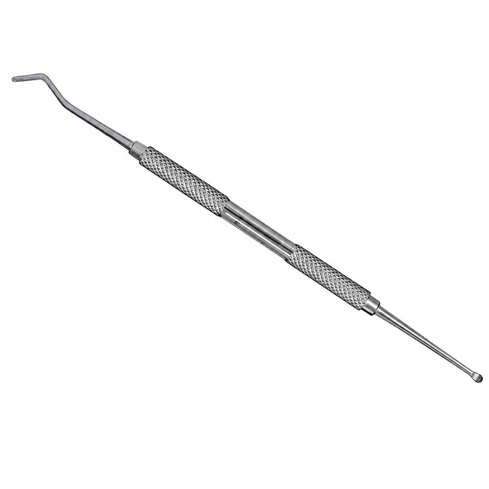 Doppelinstrument aus Metall mit gerändeltem Griff und zwei unterschiedlichen Enden: ein gebogenes und ein kugelförmiges.