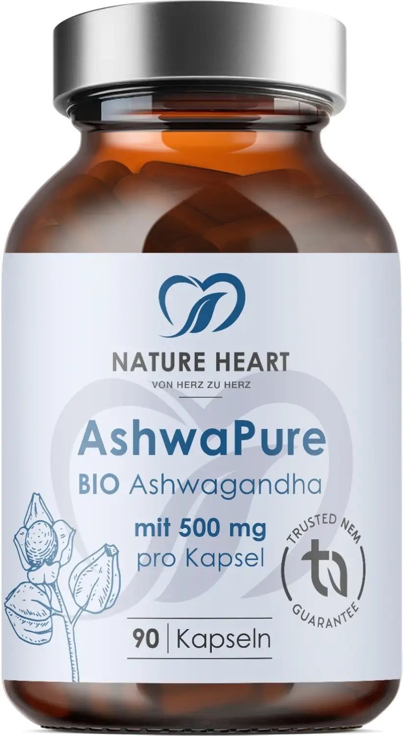 Braune Glasflasche mit Kapseln. Aufschrift: AshwaPure BIO Ashwagandha, 500 mg pro Kapsel, 90 Kapseln. Logo: Nature Heart.