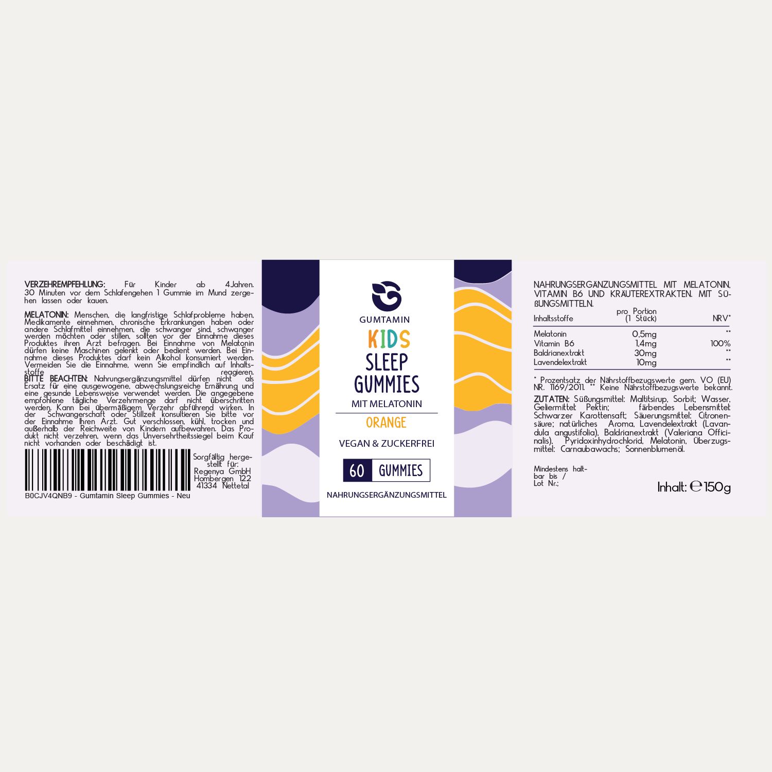 Gumtamin Kinder Sleep Gummies mit Melatonin. Dose mit Inhaltsangaben und Nährwerttabelle. Text: 60 Gummies, Orange, vegan & zuckerfrei.