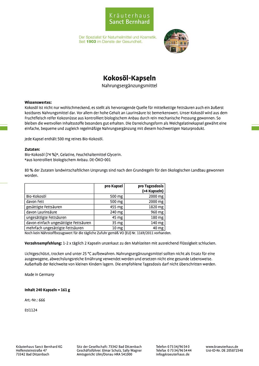 Weißes Papier mit Text. Überschrift: Kokosöl-Kapseln. Tabellarische Auflistung von Inhaltsstoffen und Dosierung. Text in deutscher Sprache.