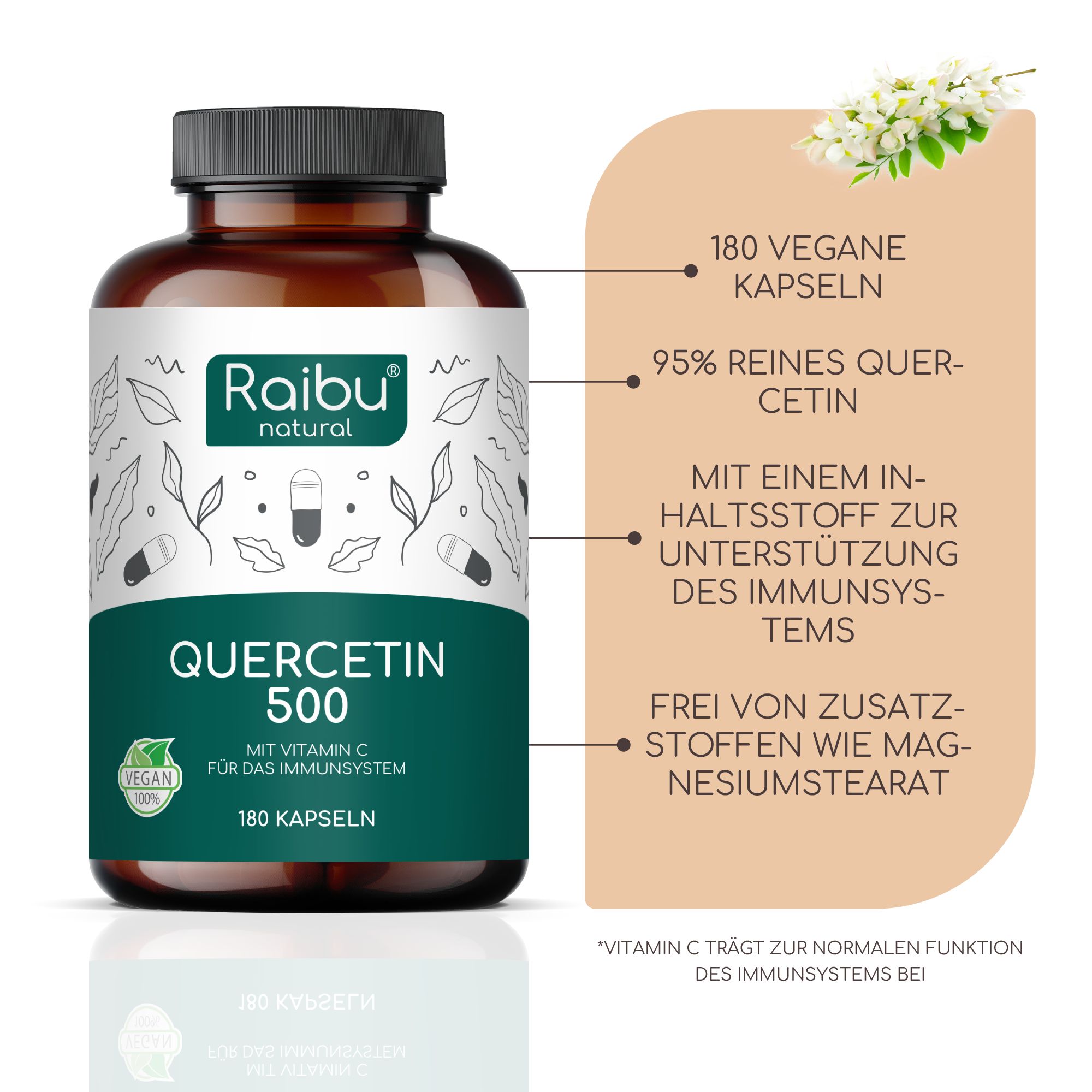 Schwarze Flasche mit Kapseln. Aufschrift: Raibu natural, Quercetin 500, 180 Kapseln, Vegan-Siegel. Text daneben.