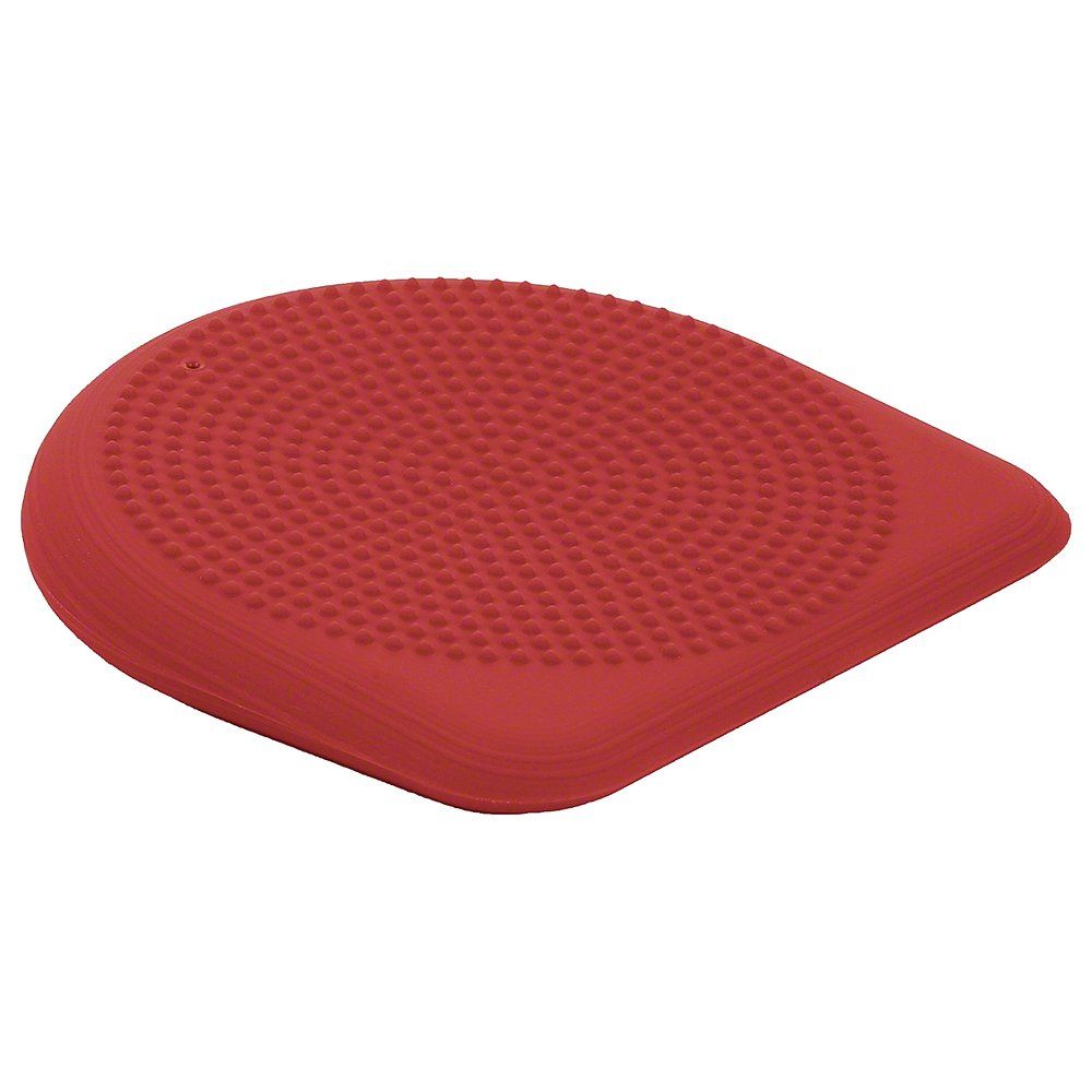 Rotes, kissenförmiges Produkt mit strukturierter Oberfläche. Tropfenförmig mit abgerundeter Spitze. Oberseite mit Noppen.