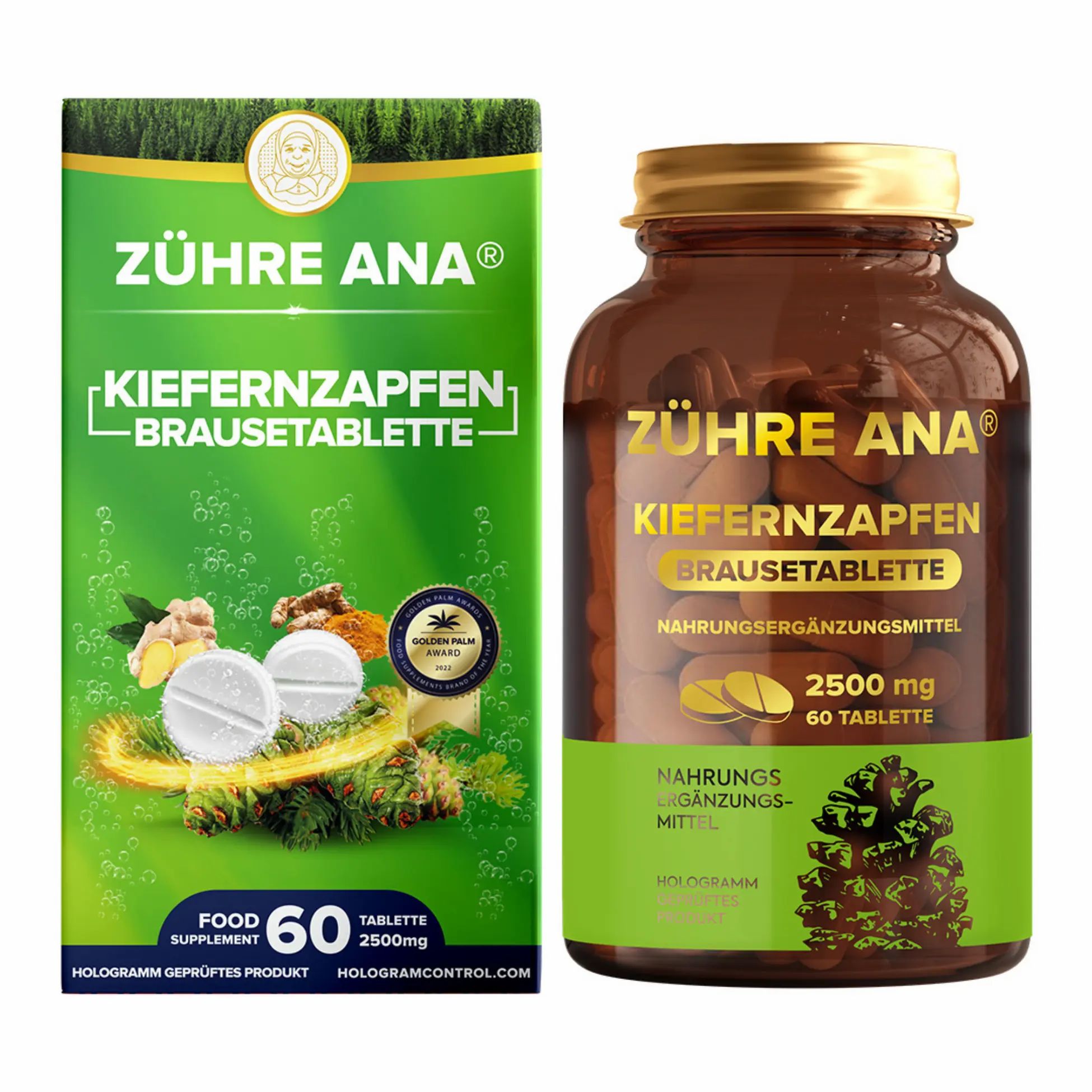Brausetabletten in Schachtel und Glas. Aufschrift: Zühre Ana, Kiefernzapfen Brausetablette. Mit 60 Tabletten. Hologramm.