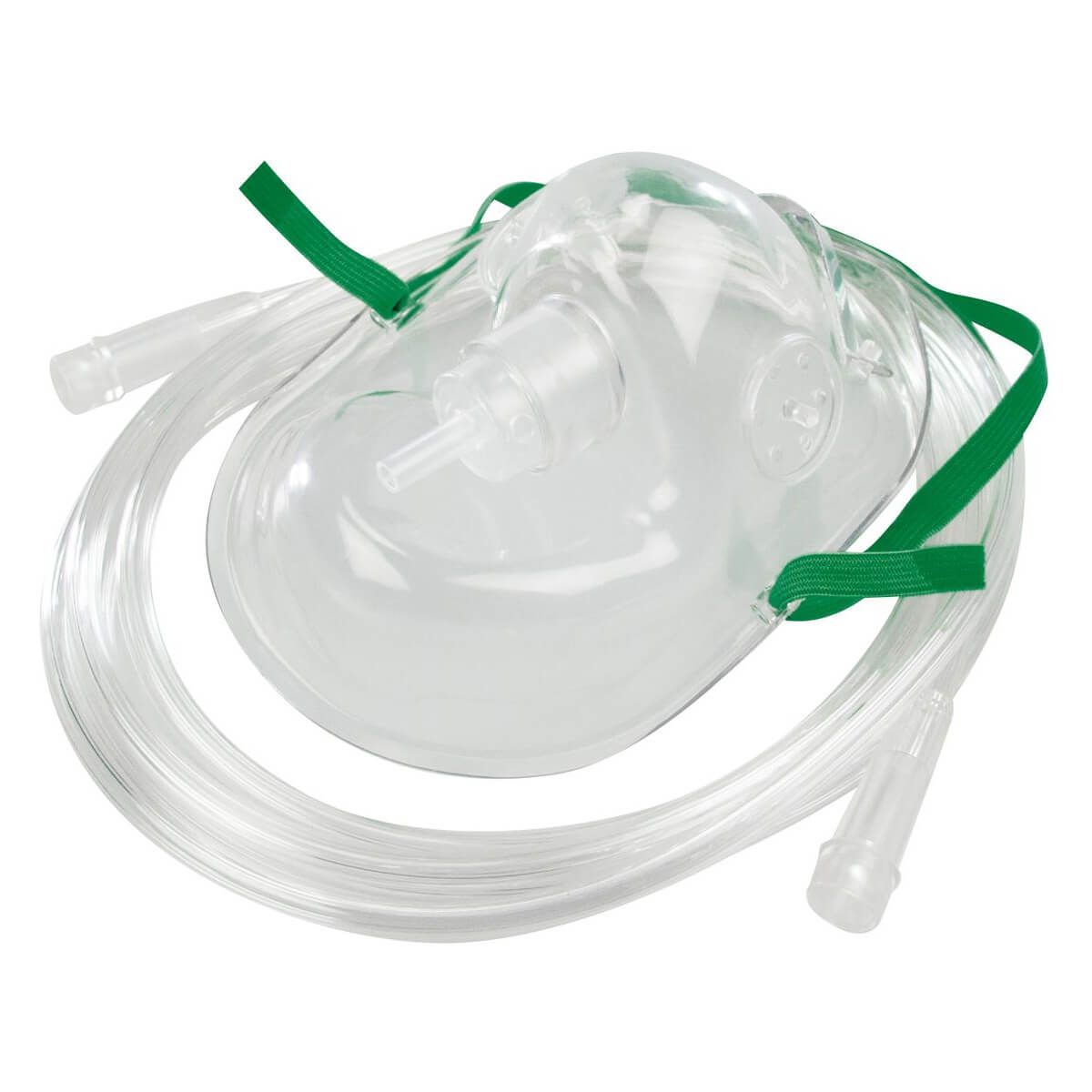 Transparente Sauerstoffmaske für Erwachsene mit Schlauch und grünen Befestigungsbändern.