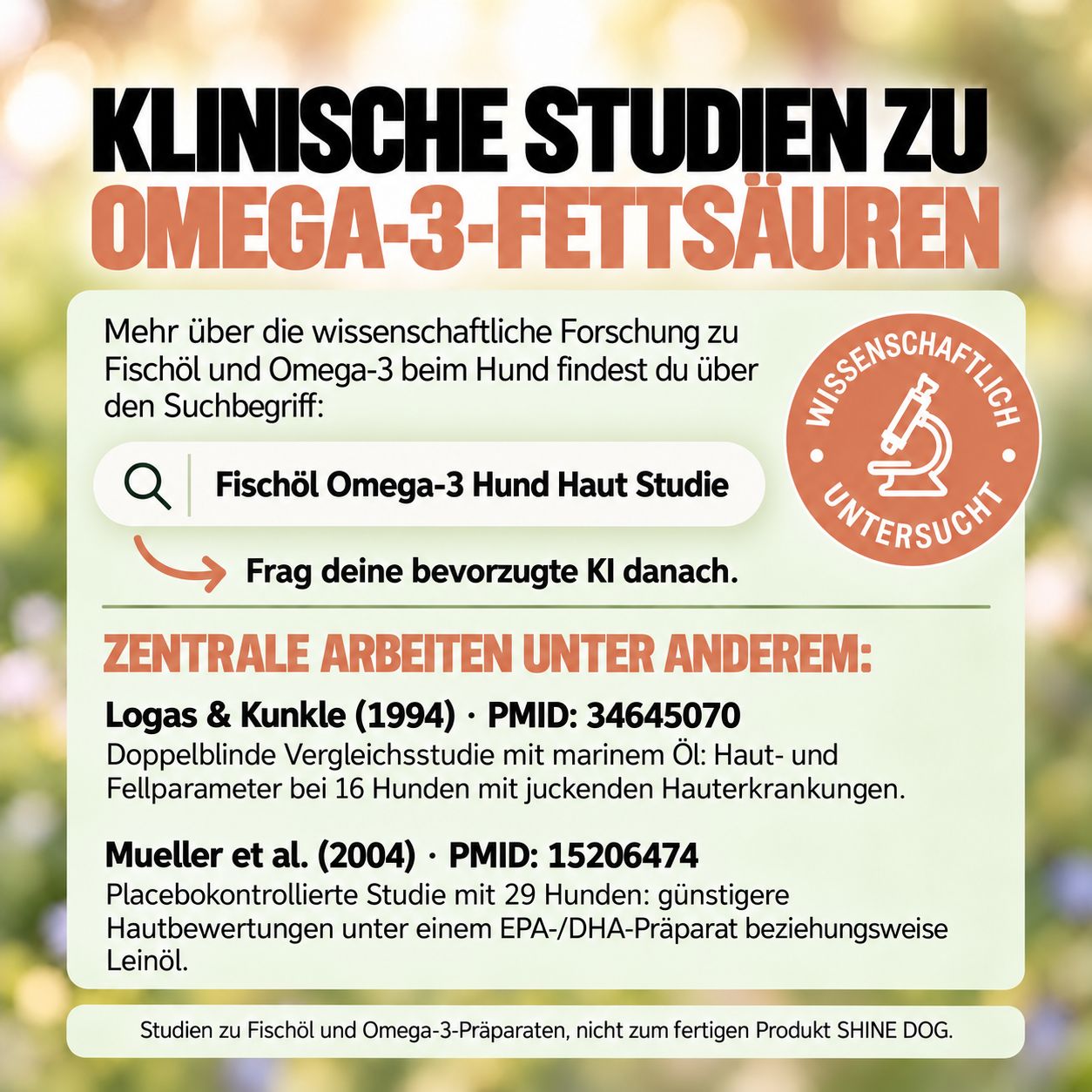 Wolfsbacher Natur Shine Dog: Haut & Fell Snack. Dose mit Hundesnacks, einige Snacks liegen daneben.