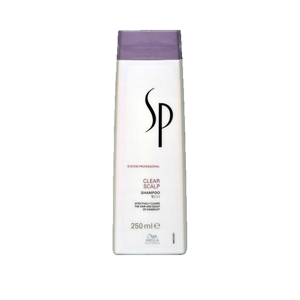 Weißes Shampoo-Flakon mit lila Deckel. SP-Logo und Schriftzug CLEAR SCALP SHAMPOO. 250 ml. Wella-Logo.
