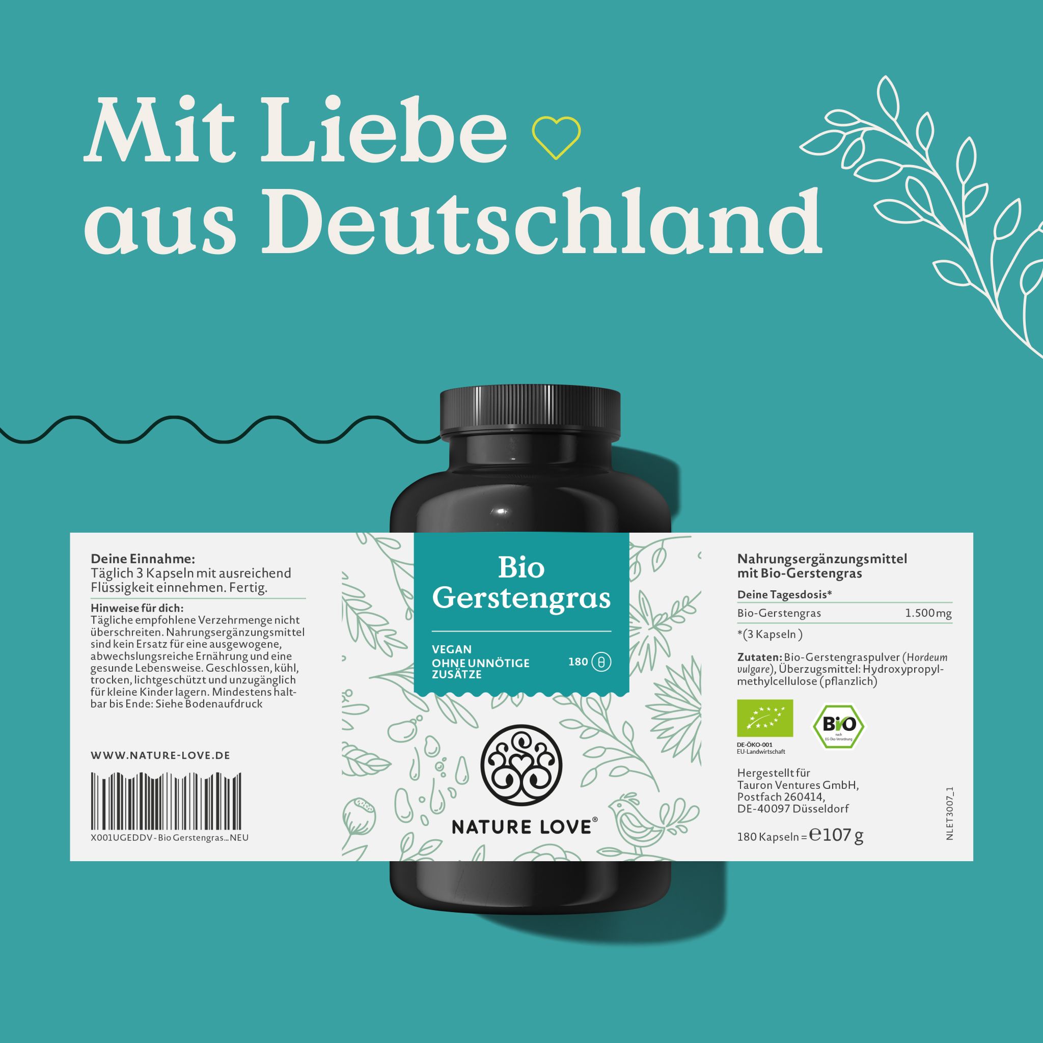 Nahrungsergänzungsmittel Bio Gerstengras in schwarzer Flasche. Aufschrift: Bio Gerstengras, 180 Kapseln. Logo: NATURE LOVE®. Mit Liebe aus Deutschland.