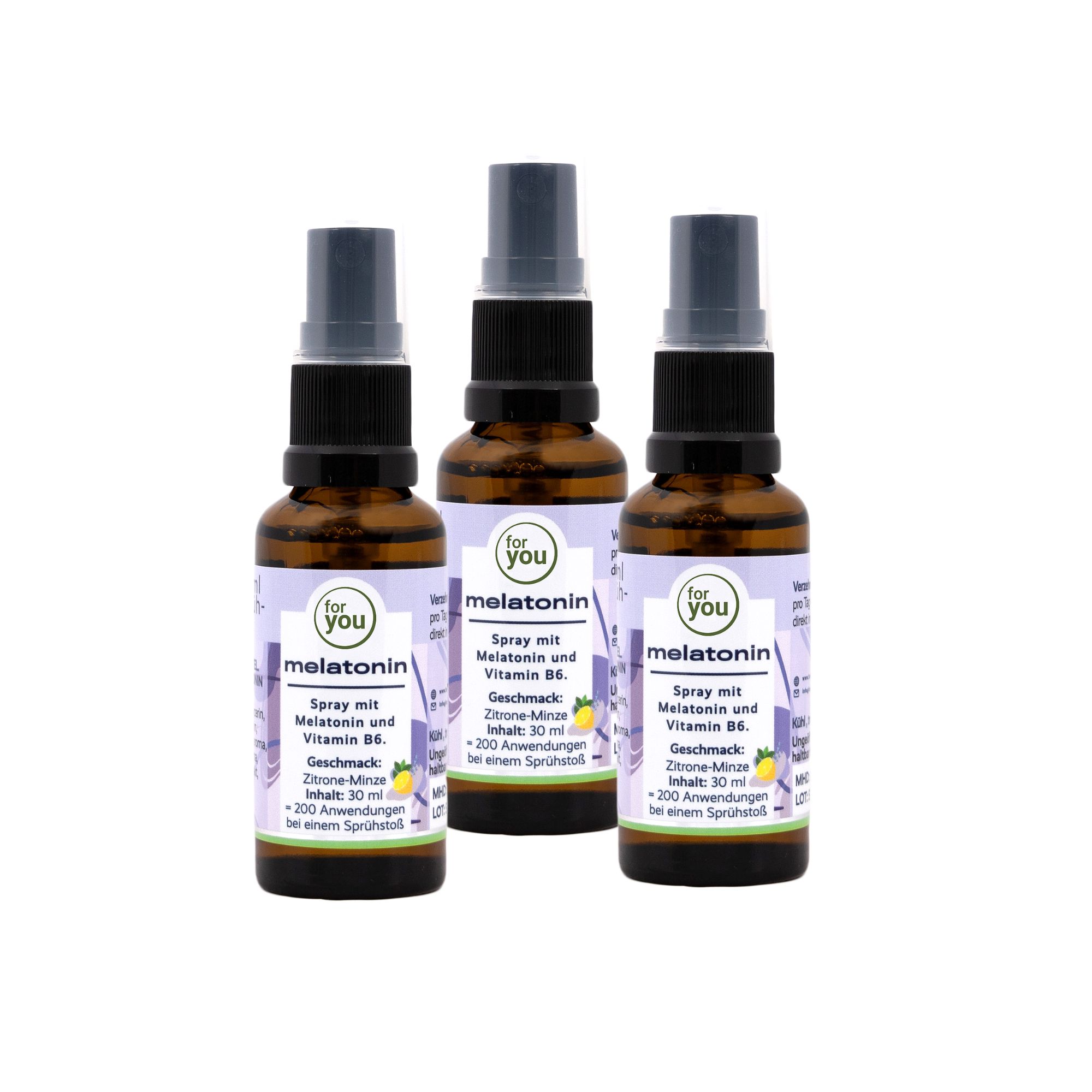 Drei Flaschen Melatonin Spray mit Vitamin B6, Zitronen-Minz-Geschmack.