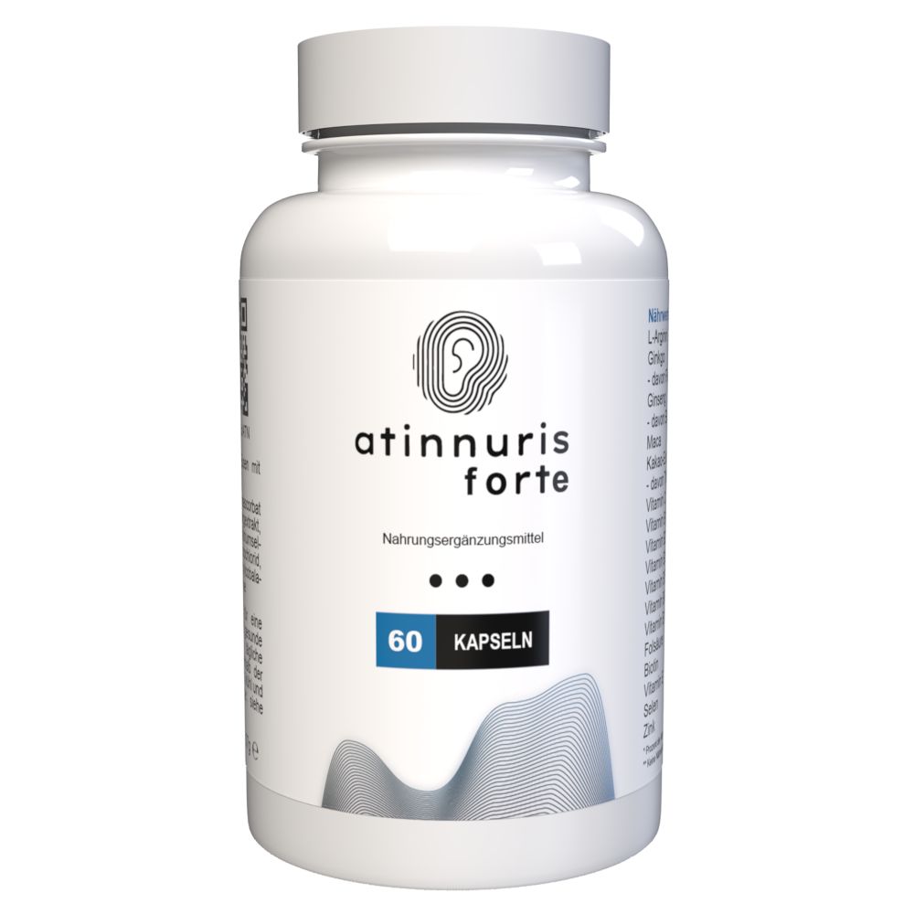 Weiße Kapsel-Dose mit blauem Etikett. Aufschrift: atinnuris forte, 60 Kapseln. Logo: Ohr-Symbol.