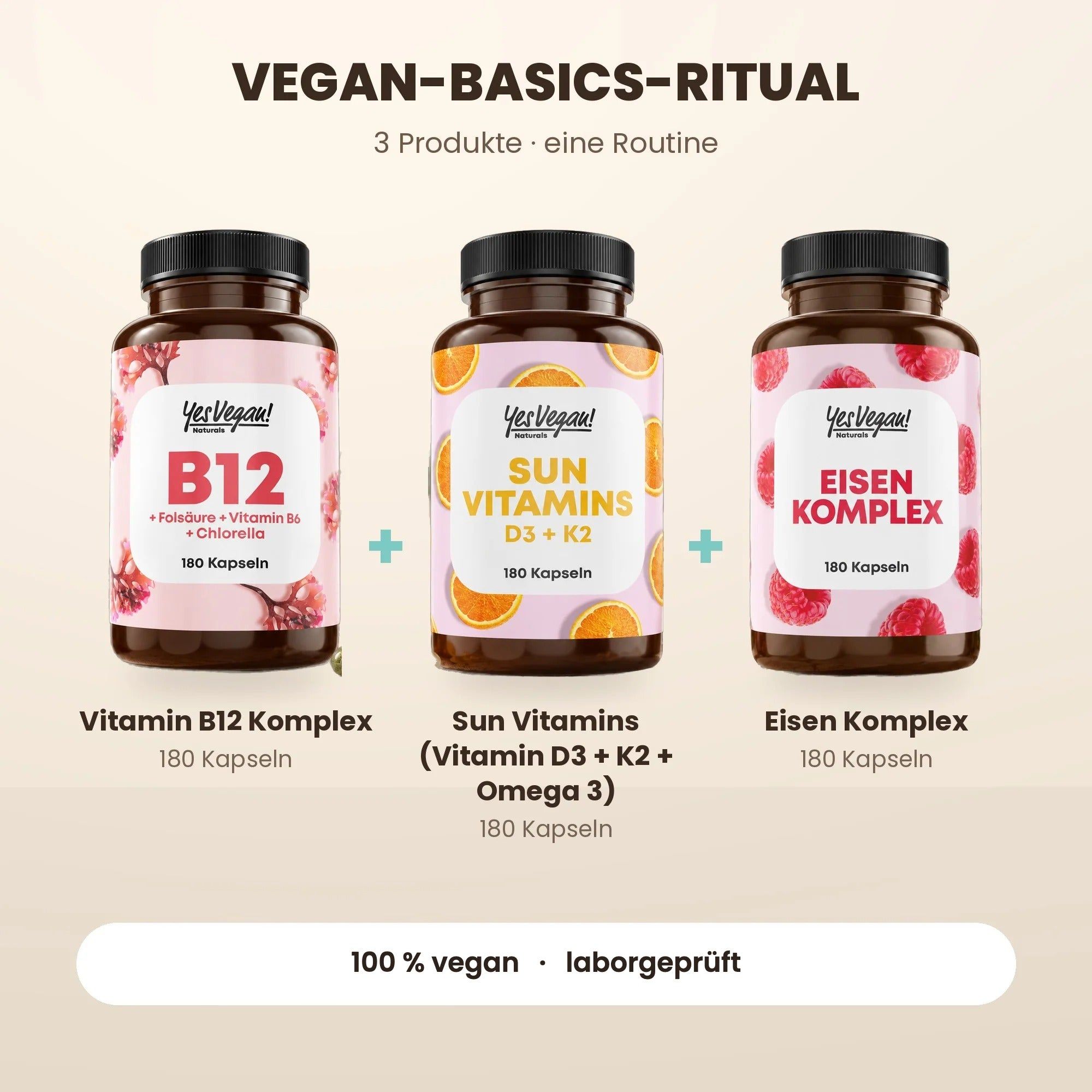 Drei Flaschen: Sun Vitamins D3 + K2 (180 Kapseln), Vitamin B12 Komplex (180 Kapseln), Eisen Komplex (180 Kapseln).