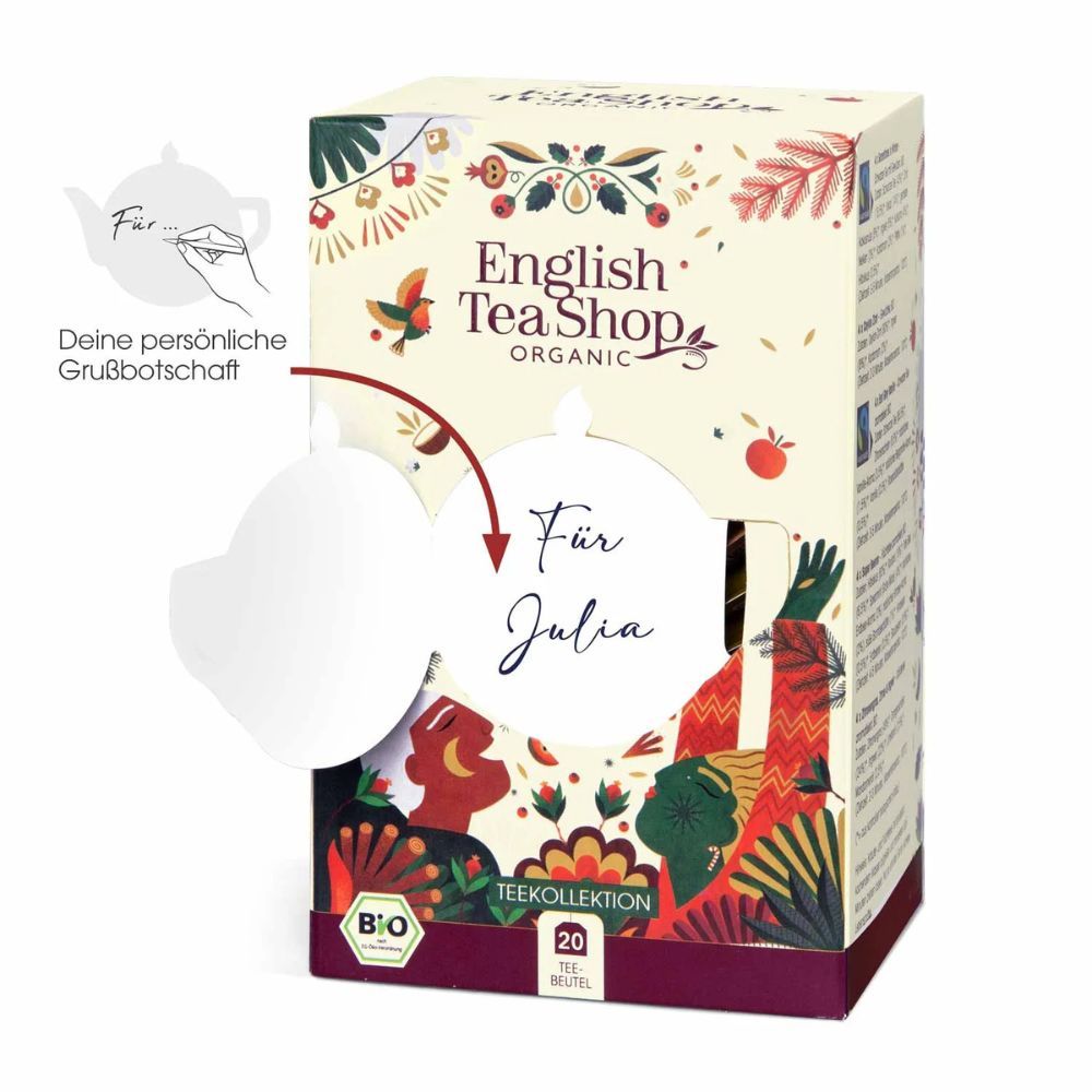 Teegeschenkbox mit personalisierbarer Grußbotschaft. Enthält 20 Teebeutel. Bio-Zertifizierung. English Tea Shop Logo.