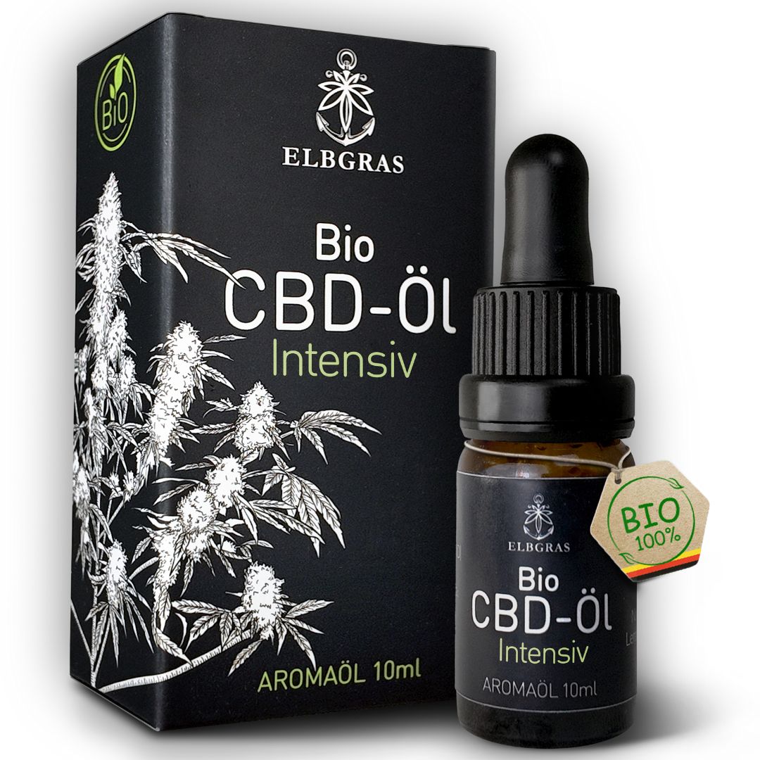 Elbgras Bio CBD Öl Intensiv 30% in dunkler Glasflasche mit Pipette und Umverpackung.