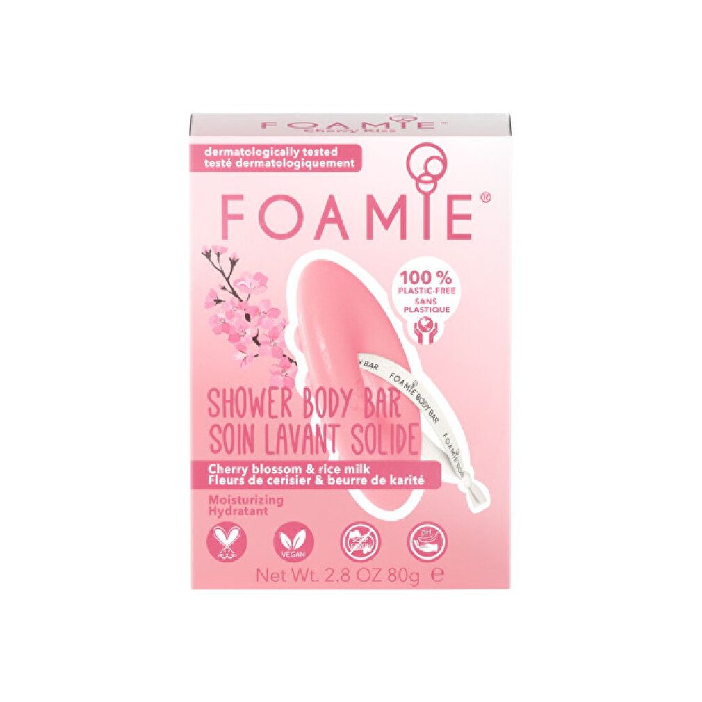 Rosa FOAMIE Dusch-Körper-Bar in Verpackung. Kirschblüten & Reismilch. Dermatologisch getestet. Vegan.
