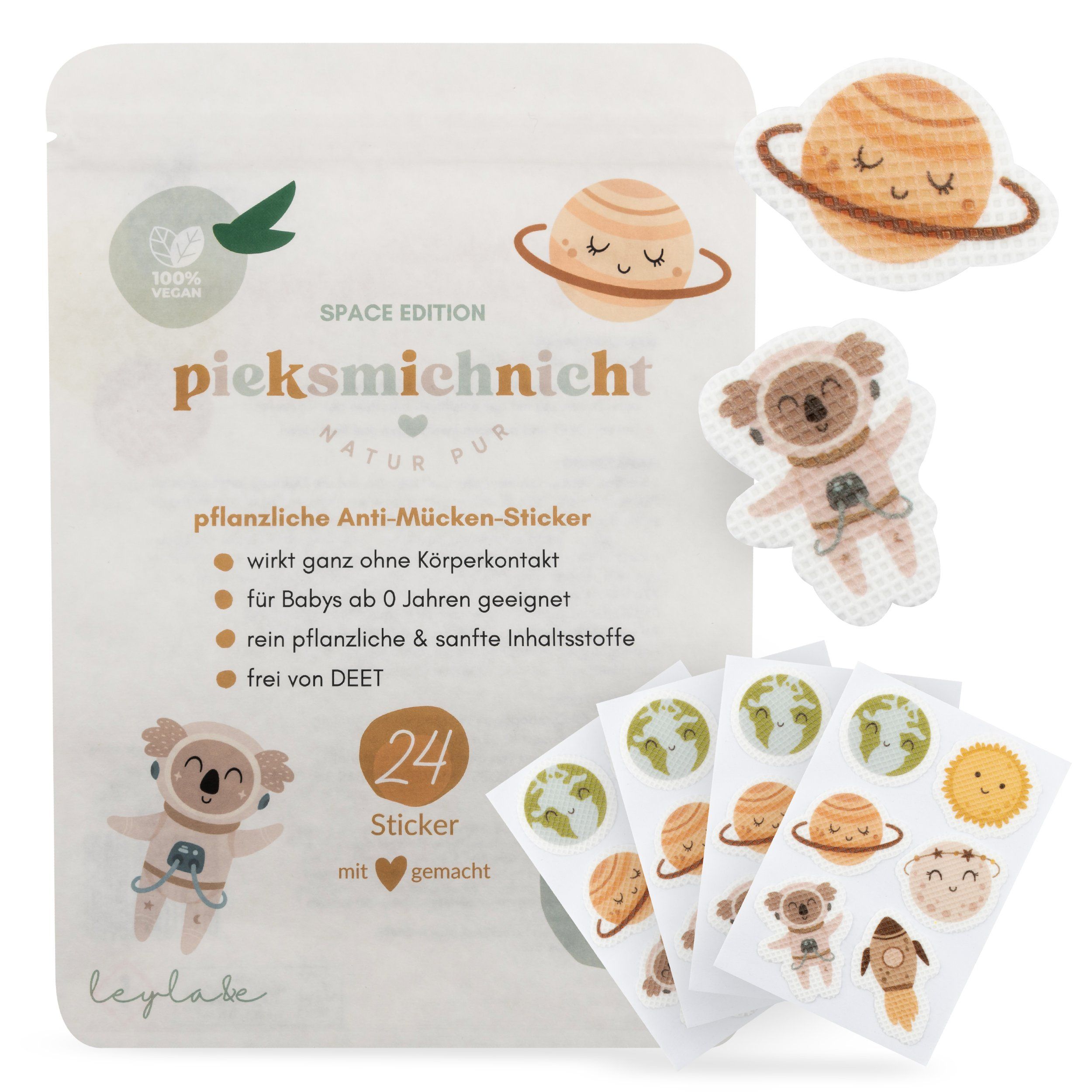 Verpackung und Sticker von pieksmichnicht Anti-Mücken-Stickern. 24 Sticker mit Weltraum-Motiven.