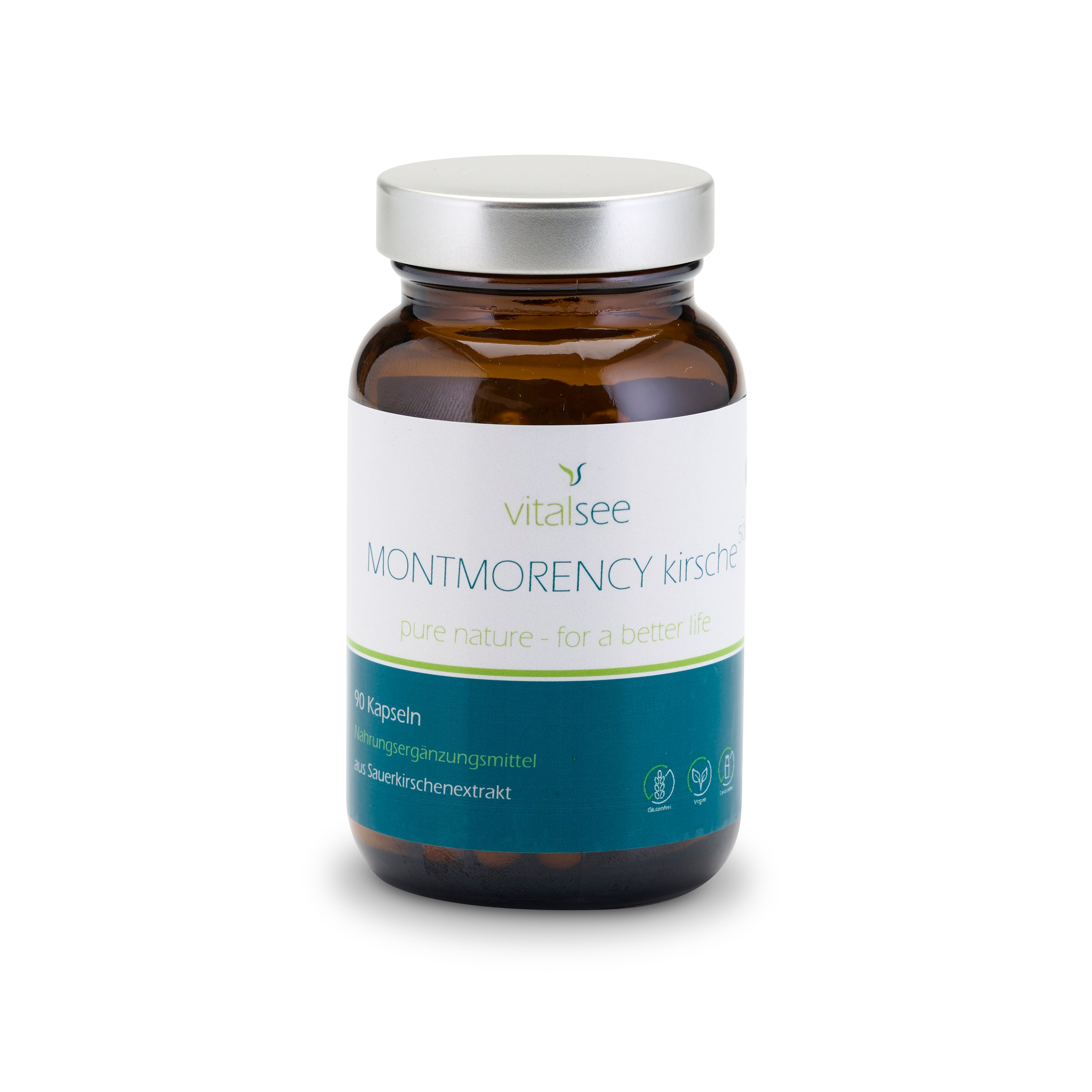 Braune Glasflasche mit silbernem Deckel. Weißes Etikett mit Produktnamen und Logo. Enthält Kapseln.