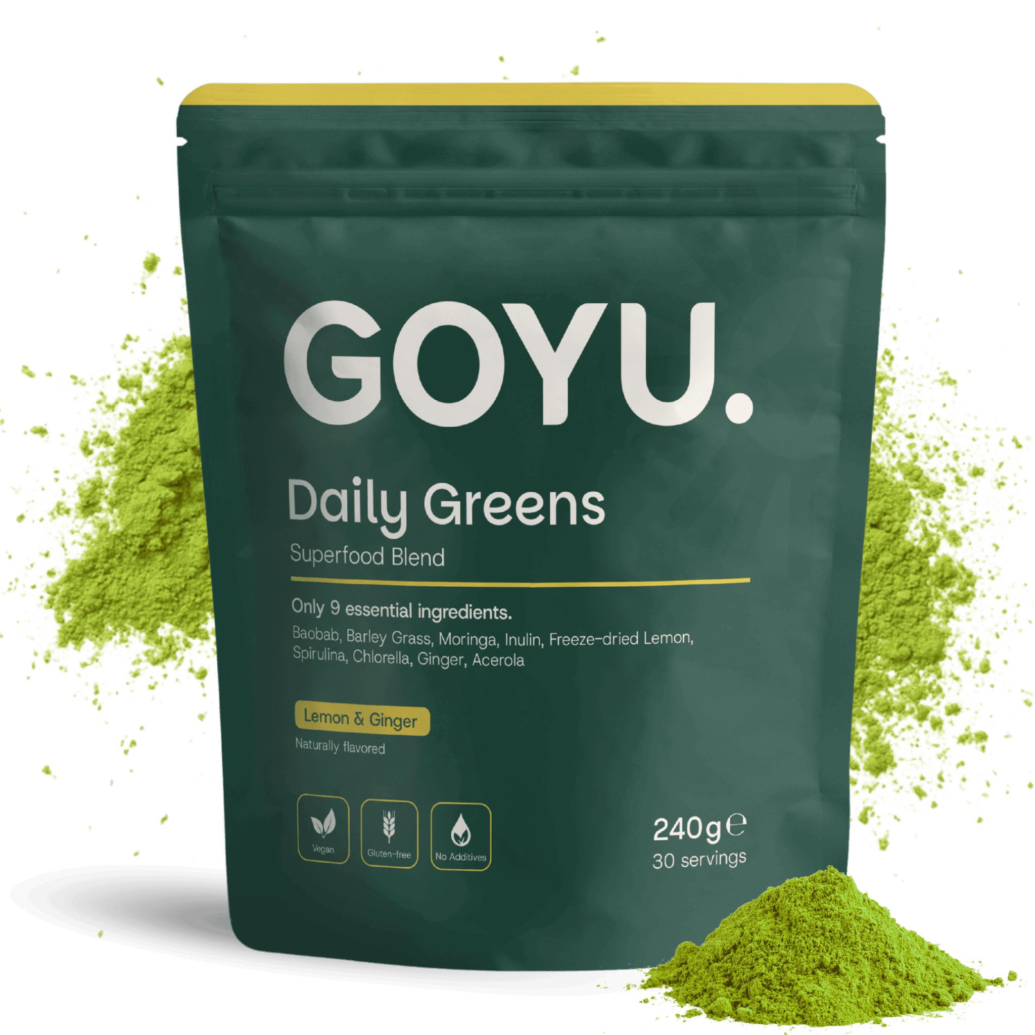 Grüner Beutel mit GOYU Daily Greens. Text: Superfood Blend, 9 Inhaltsstoffe, Zitrone & Ingwer, 240g, 30 Portionen. Grünes Pulver daneben.
