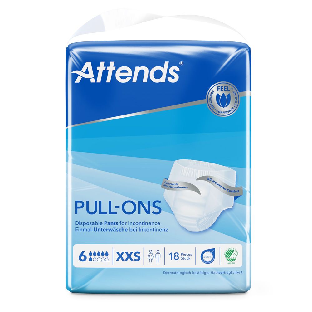 Attends Pull-Ons 6 XS. Verpackung mit blauer Vorderseite. Produktabbildung. 18 Stück. Dermatologisch getestet.