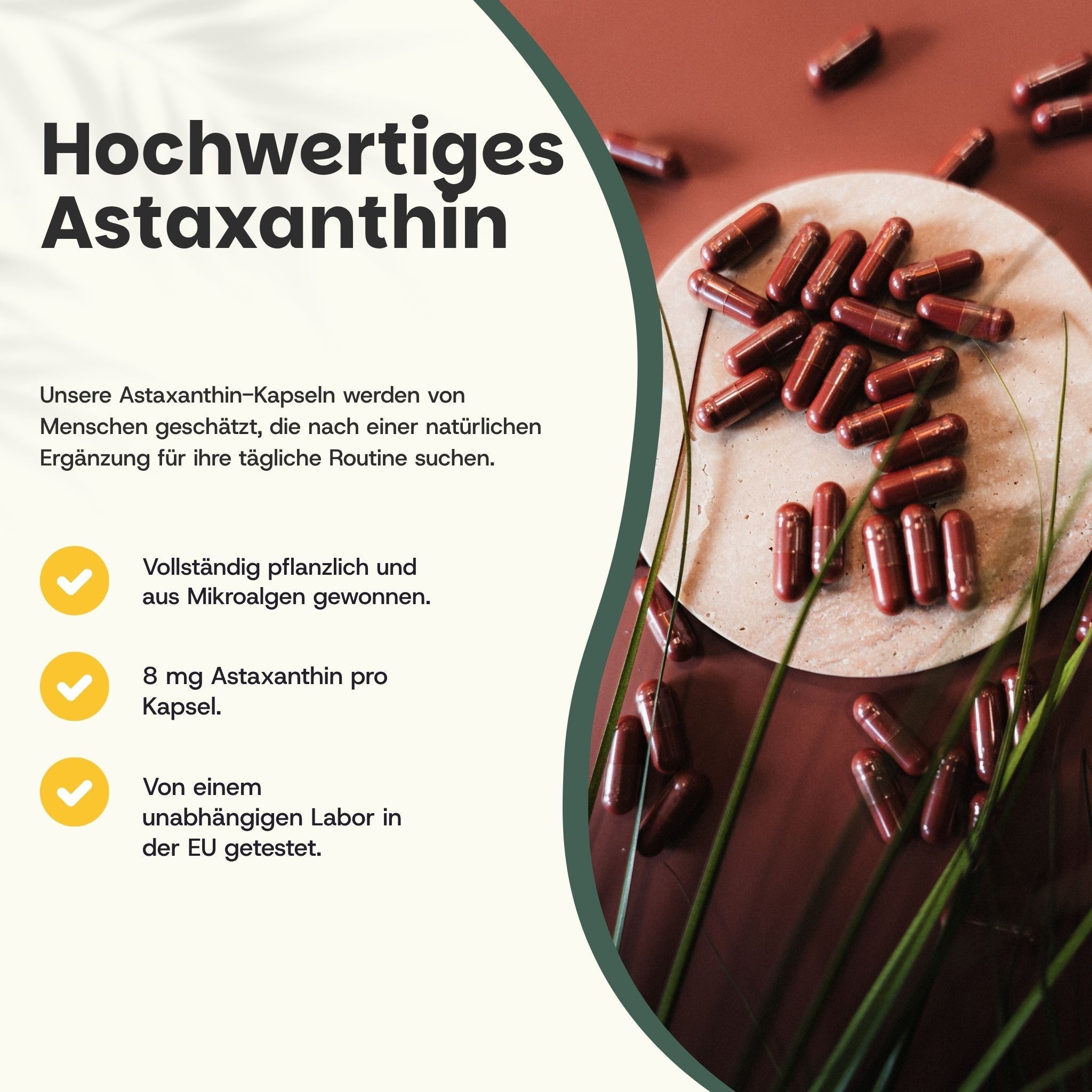 Hochwertiges Astaxanthin. Braune Kapseln auf Holz. 8 mg Astaxanthin pro Kapsel. Von unabhängigem Labor getestet.