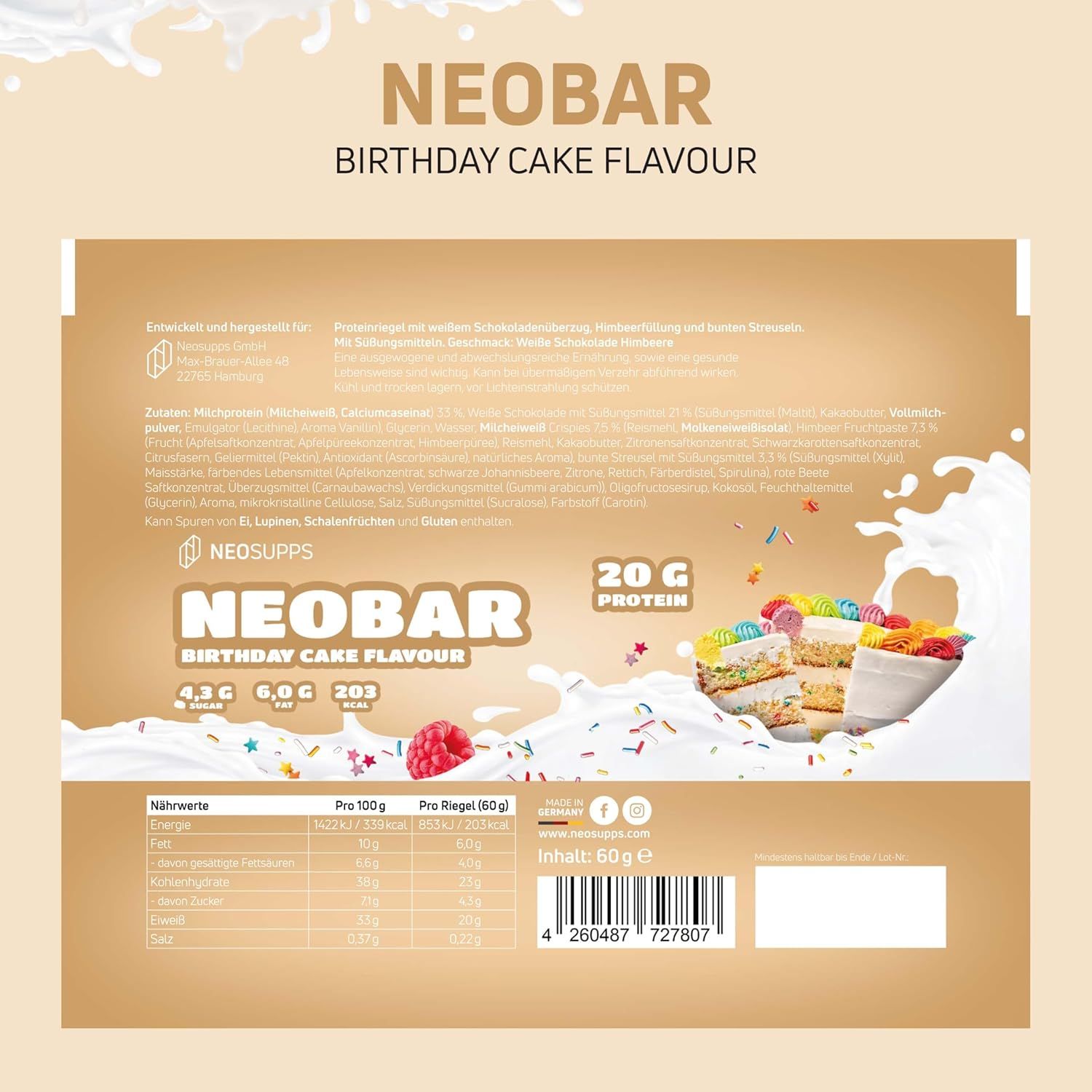 Rückseite der NeoBar-Verpackung. Aufdruck mit Produktinformationen, Nährwerten und Zutaten. Logo von Neosupps.