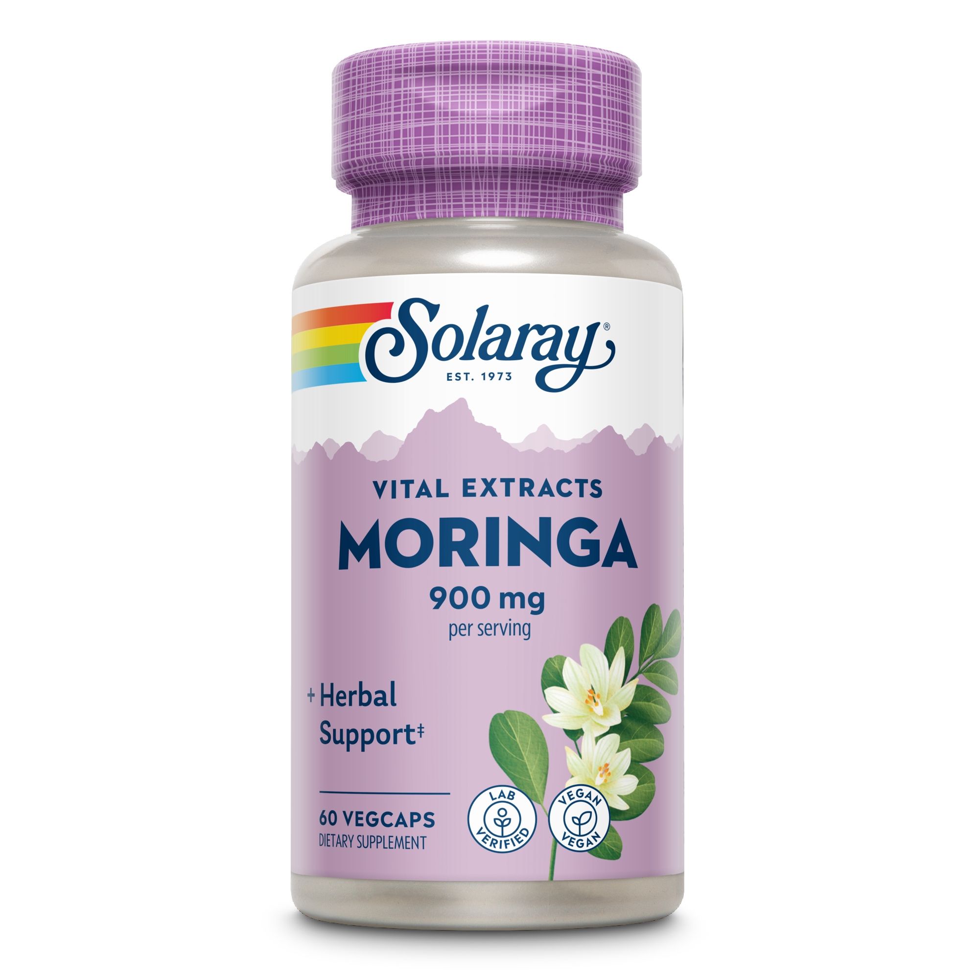 Solaray Moringa 900 mg Flasche. Lila Deckel, weißes Etikett mit Logo, Produktname und floraler Illustration. 60 Vegicaps.