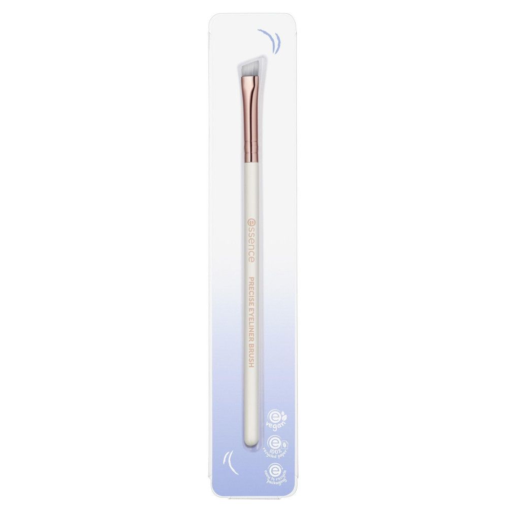 Eyeliner-Pinsel in Blisterverpackung. Weißer Griff, schräge Spitze, roségoldene Zwinge. Aufschrift: Essence Precise Eyeliner Brush.