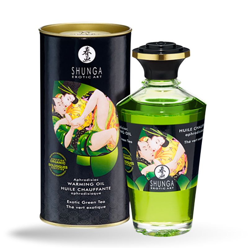 Grüner Tee Massageöl in Glasflasche und Dose. Aufschrift: Shunga Exotic Art. Abbildung: Paar in erotischer Pose. Zertifiziertes Bio-Produkt.