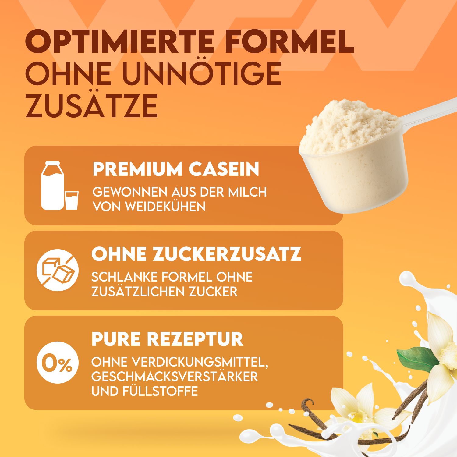 Weiße Kelle mit Casein-Pulver. Text: Optimierte Formel ohne unnötige Zusätze. Premium Casein, ohne Zuckerzusatz, Pure Rezeptur.
