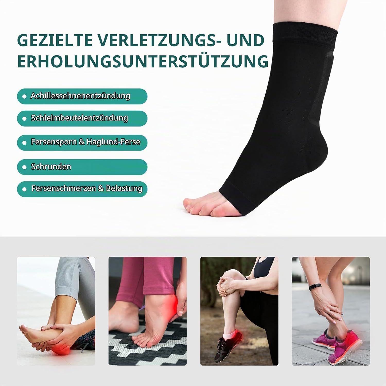 Schwarze Kompressionssocke für den Knöchel, zur Unterstützung.