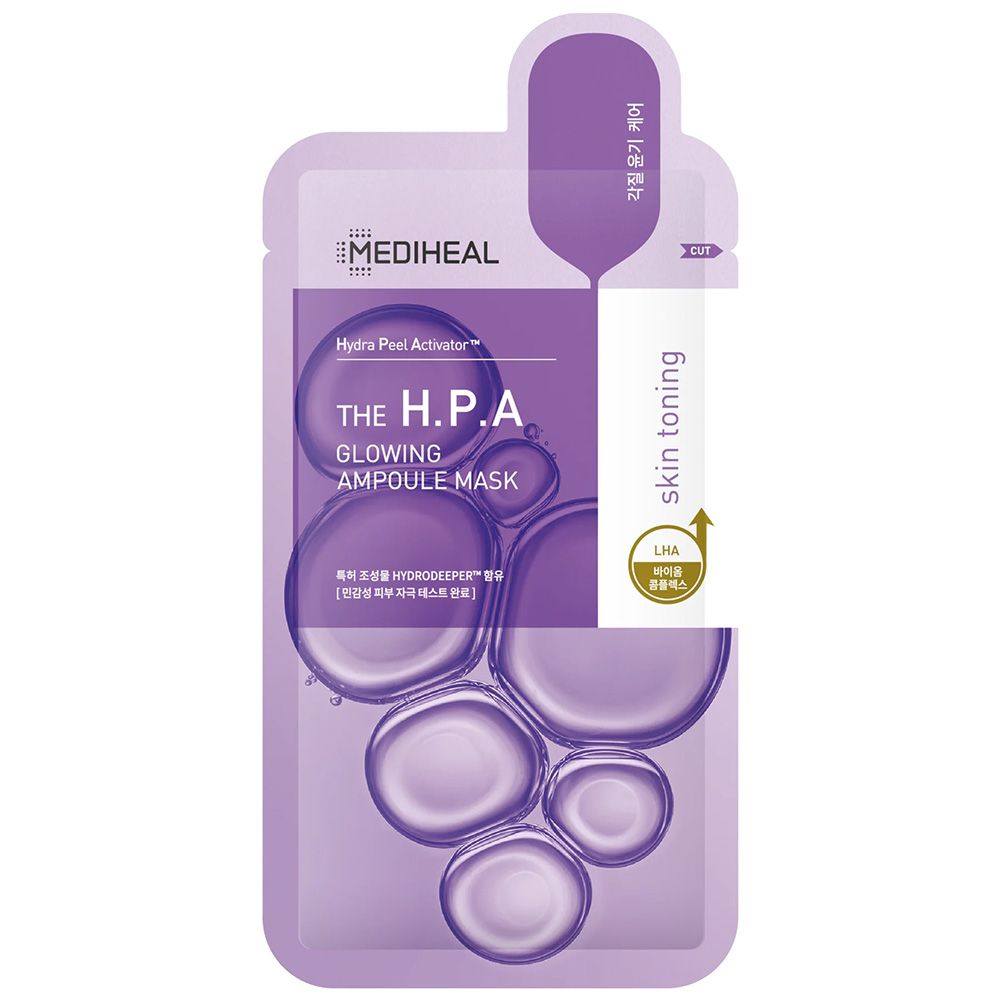 Verpackung der Gesichtsmaske. Lila Hintergrund. Text: MEDIHEAL, THE H.P.A GLOWING AMPOULE MASK, skin toning.