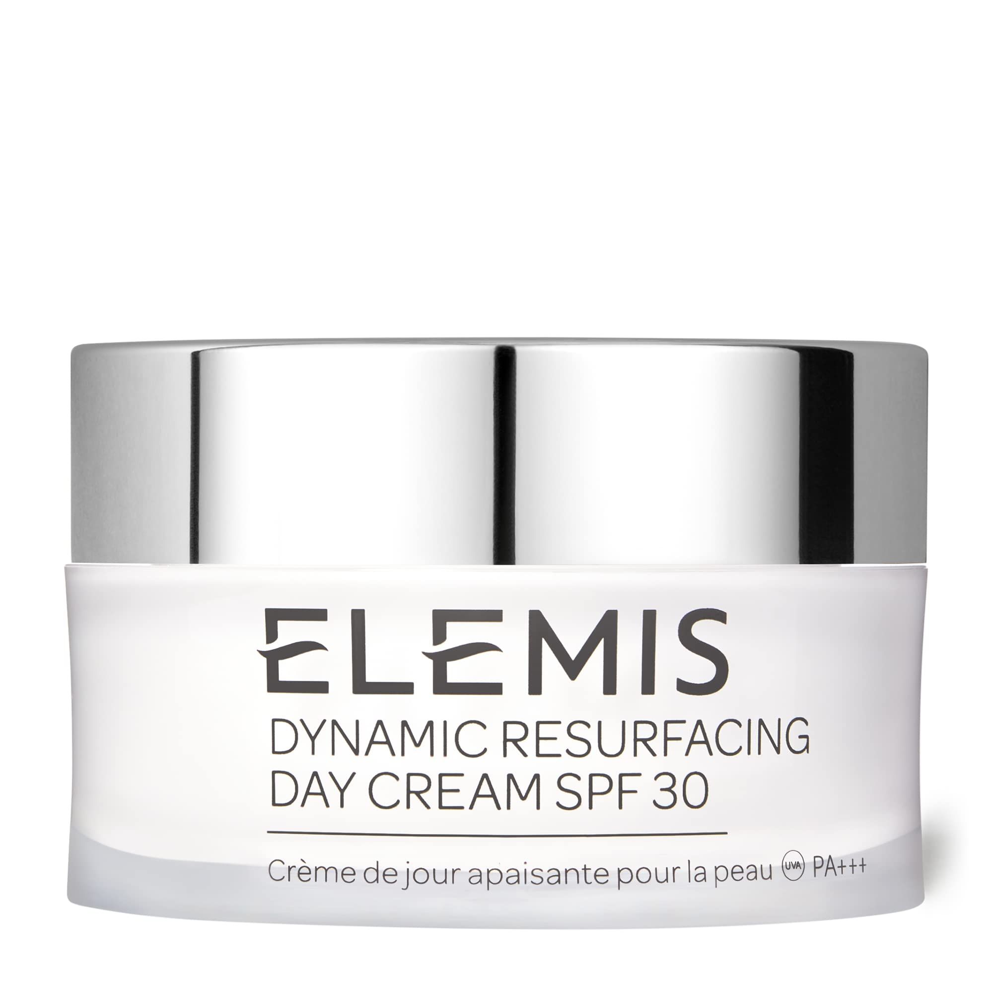Cremebehälter mit silbernem Deckel. Aufschrift: Elemis Dynamic Resurfacing Day Cream SPF 30. Französisch: Crème de jour apaisante pour la peau.