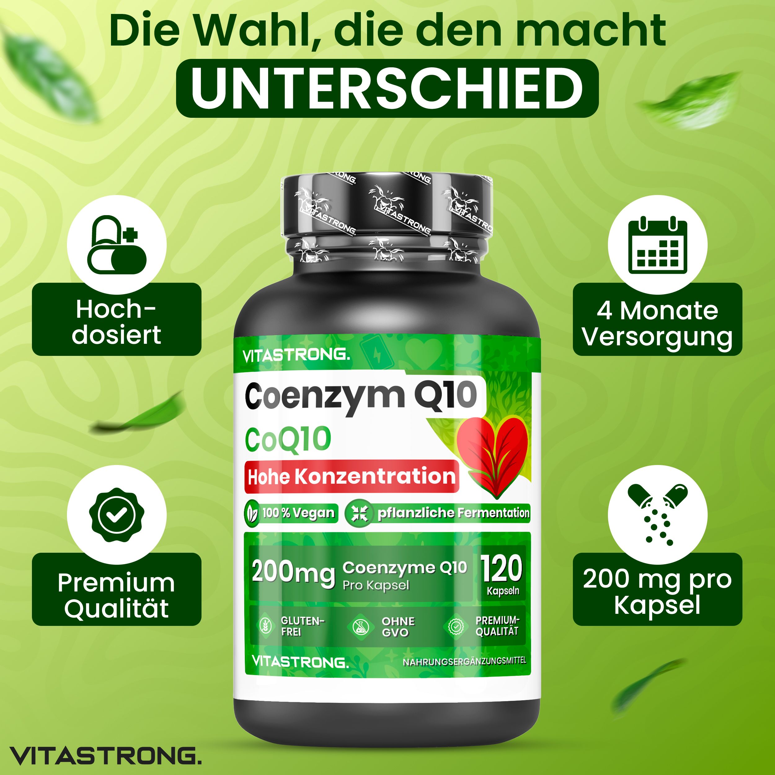Schwarze Flasche mit Kapseln. Aufschrift: Coenzym Q10, 200mg, 120 Kapseln. Vegan, glutenfrei, ohne GVO.