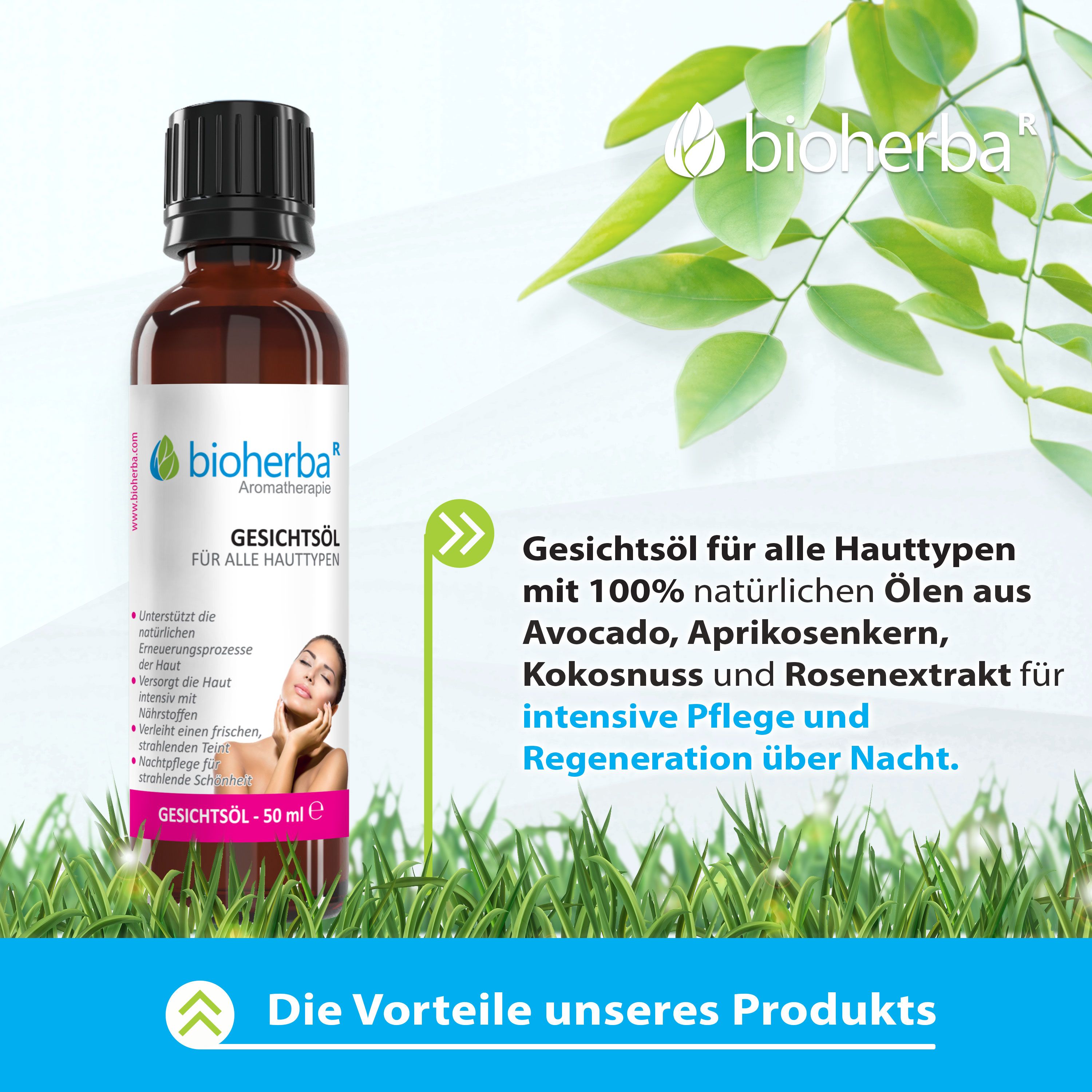 Bioherba Gesichtsöl Flasche neben einem Textfeld, das die Vorteile des Produkts mit natürlichen Ölen beschreibt.
